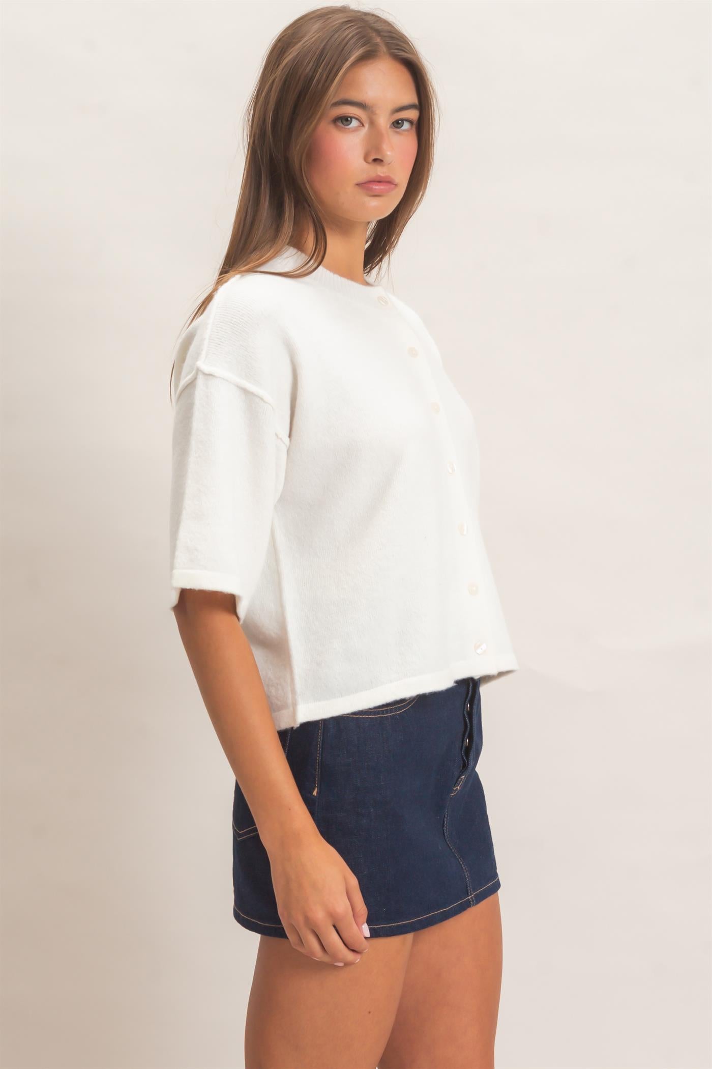 Wholesale Drop Shoulder Short Sleeve Cardigan Cardigans DZ26E238 WHIP CREAM DOUBLE ZERO
