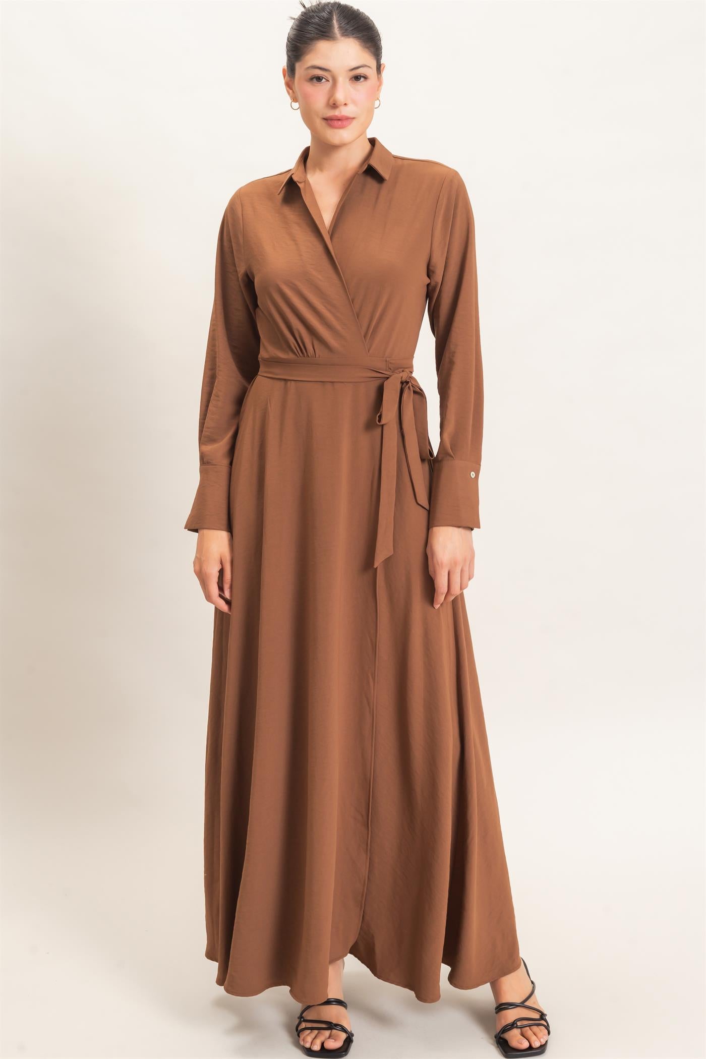 Wholesale Collared Wrap Shirt Dress Dresses HF25E869 BROWN HYFVE