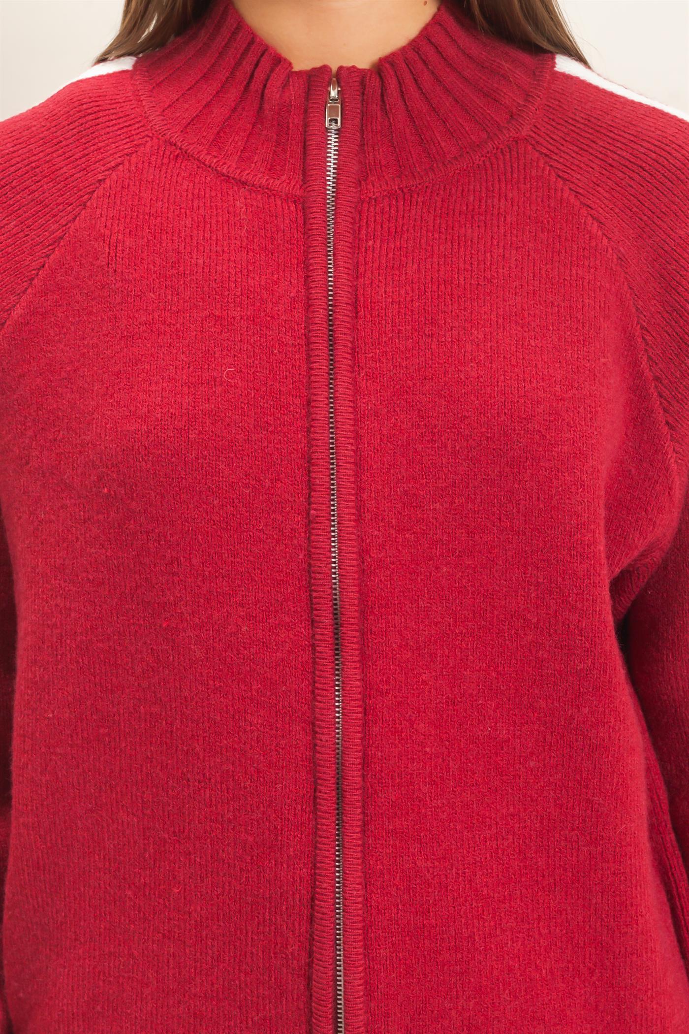Wholesale Contrast Stripe Zip-Up Sweater Sweaters DZ26E861 DARK RED DOUBLE ZERO