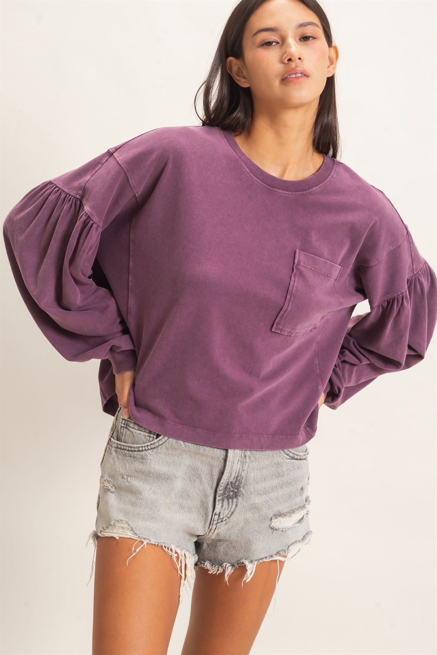 Wholesale Mineral Wash Puff Long Sleeve Boxy Top Clothing Tops DZ26F402 DARK CHERRY DOUBLE ZERO