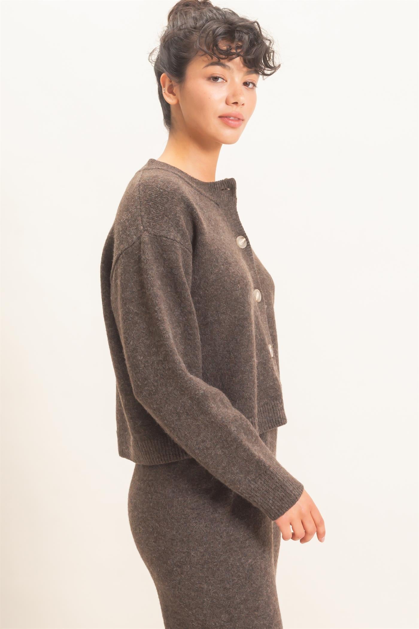 Wholesale Crew Neck Button Front Cardigan Cardigans DZ26E639 DARK BROWN DOUBLE ZERO