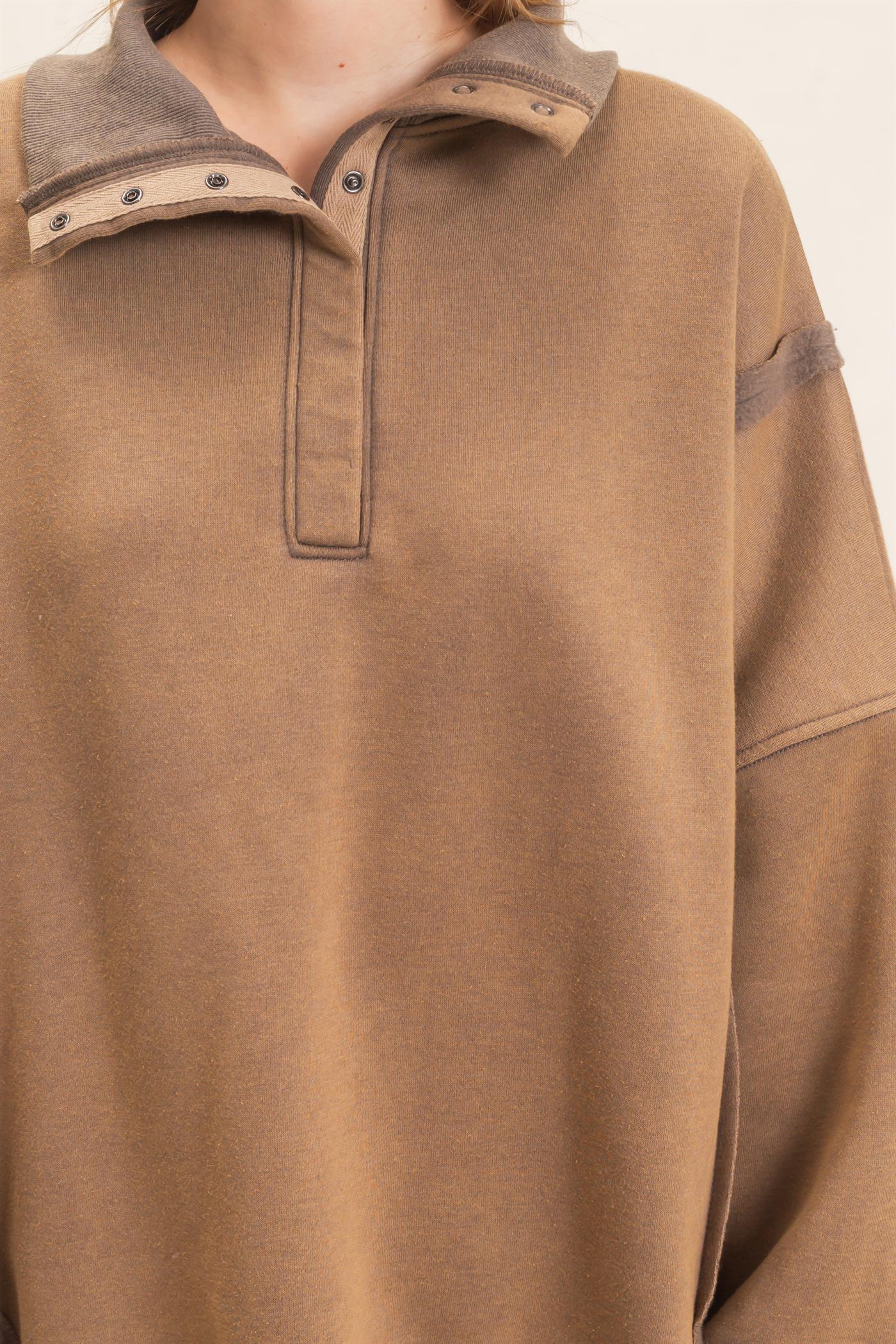 Wholesale Mineral Wash Snap Collar Pullover Clothing Tops HF26F086-D BROWN HYFVE