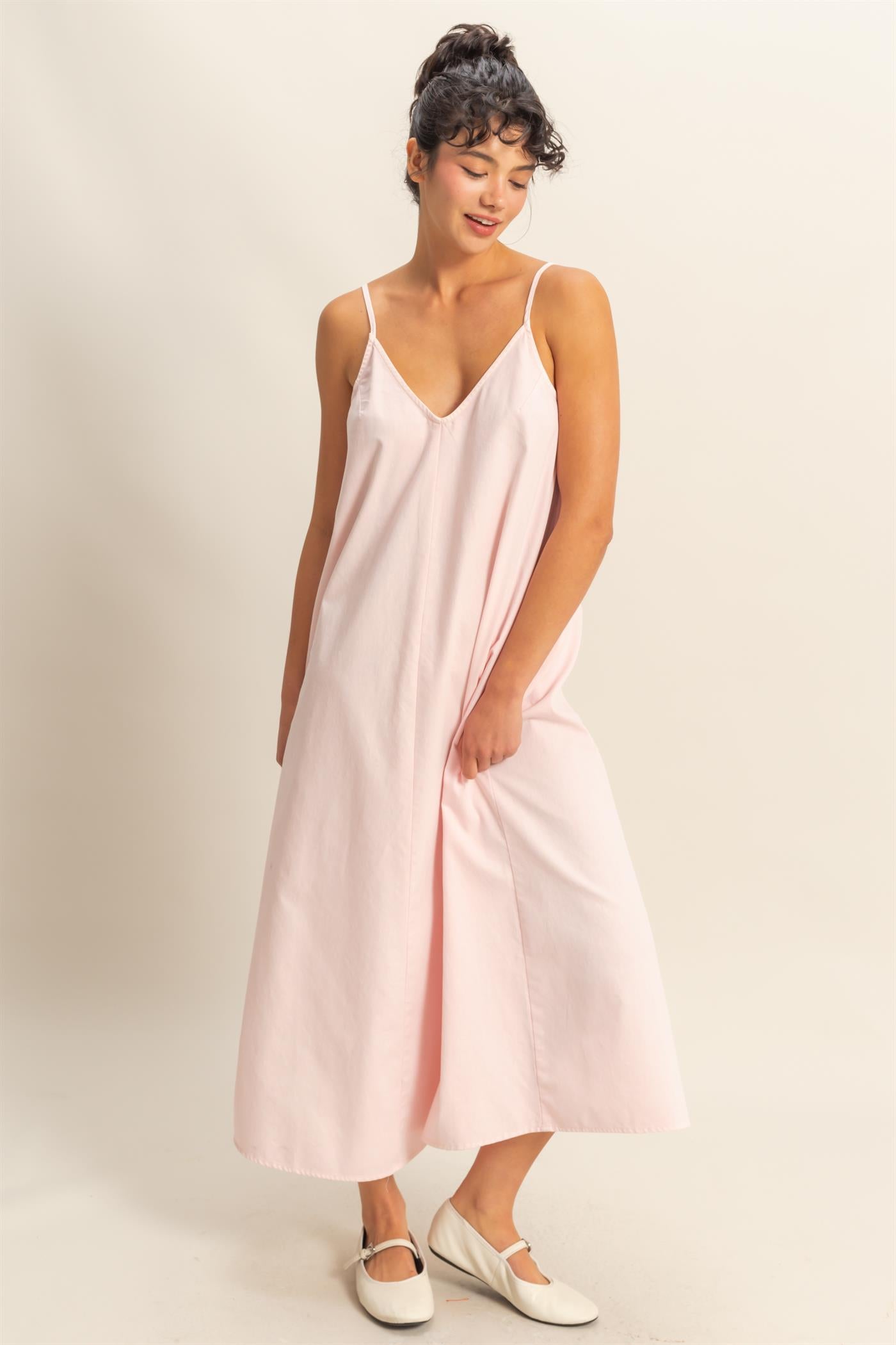 Wholesale Dyed V-Neck Loose Maxi Dress Dresses DZ24C964 SOFT PINK DOUBLE ZERO