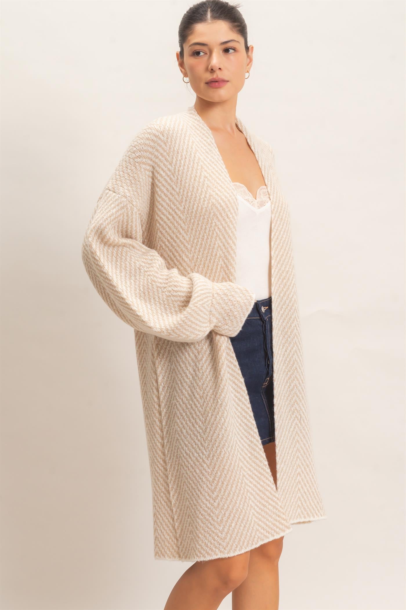 Wholesale Herringbone Pattern Open-Front Cardigan Cardigans HF26F171 TAUPE HYFVE