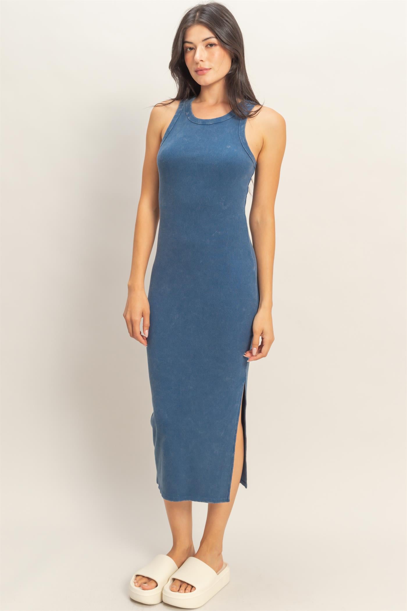 Wholesale Acid Washed Ribbed Midi Tank Dress Dresses DZ26C060 NAVY DOUBLE ZERO