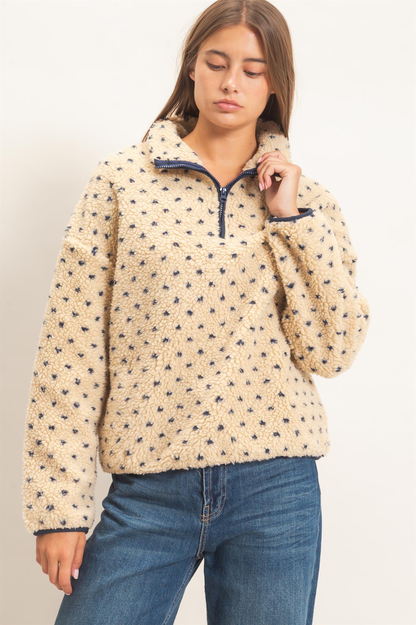 Wholesale Polka Dot Sherpa Half-Zip Pullover Coats & Jackets DZ26F161 NAVY DOUBLE ZERO