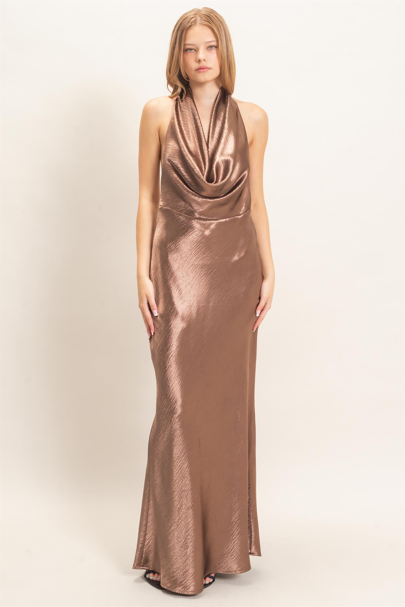 Wholesale Satin Cowl Neck Maxi Dress Dresses HF26F216-D BROWN HYFVE