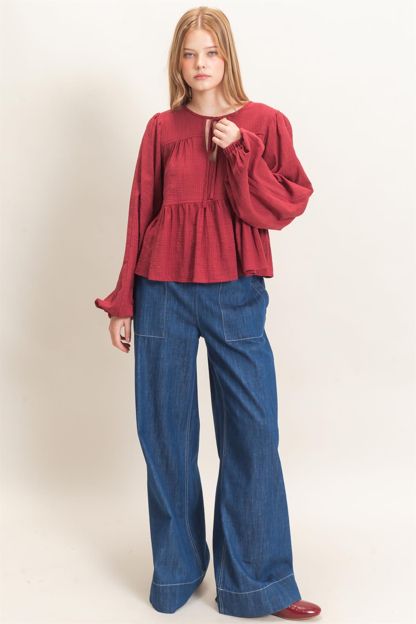 Wholesale Tie Front Peplum Blouse Blouses HF26F065 BURGUNDY HYFVE