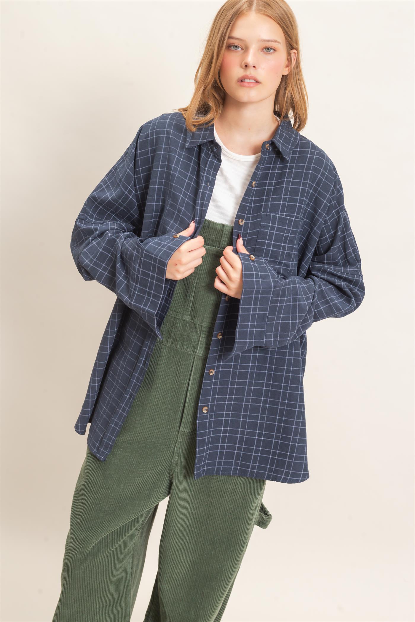 Wholesale Plaid Button-Up Shirt Shirts HF26E734 NAVY HYFVE