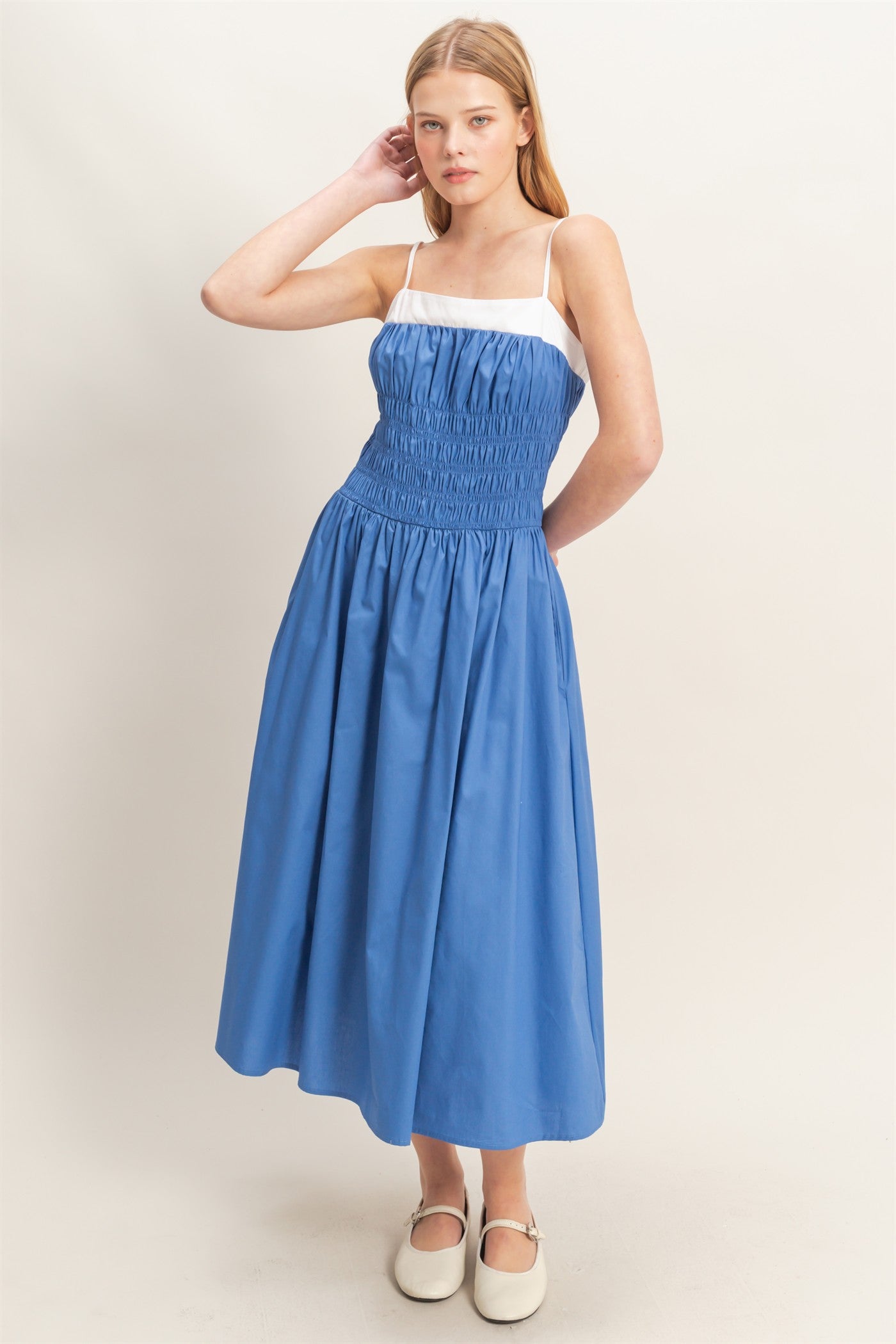 Wholesale Smocked Strapped Midi Dress Dresses HF26A624 BLUE HYFVE