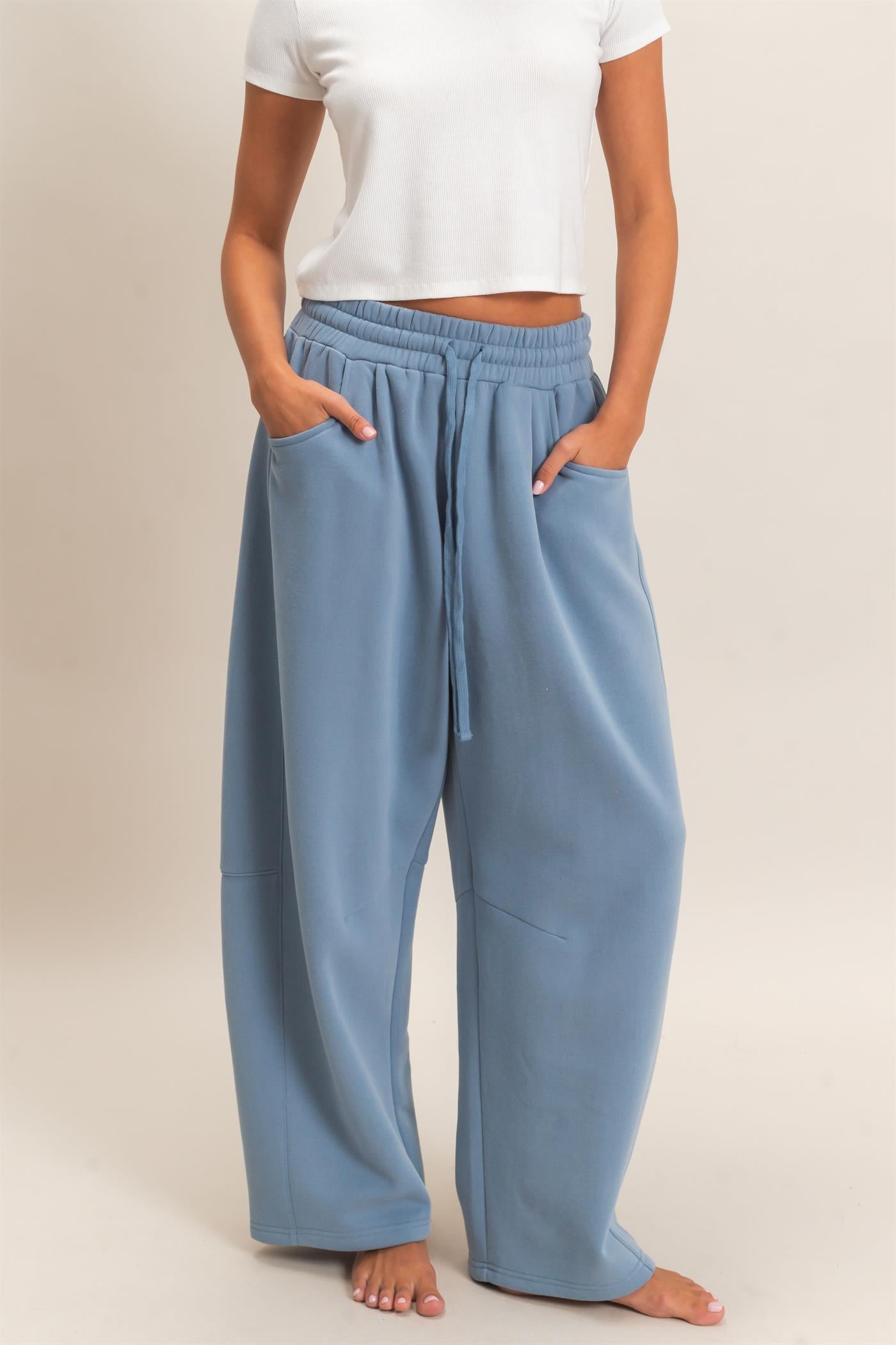Wholesale Drawstring Waist Barrel Sweatpants Pants DZ26E290 DUSTY BLUE DOUBLE ZERO