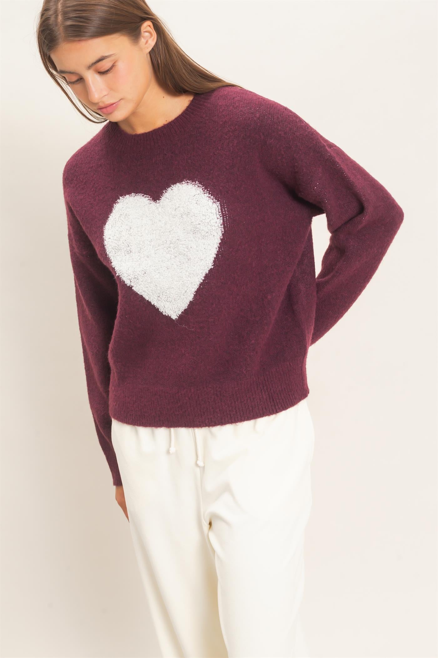 Wholesale Heart Graphic Sweater Sweaters DZ26E430 DARK CHERRY DOUBLE ZERO