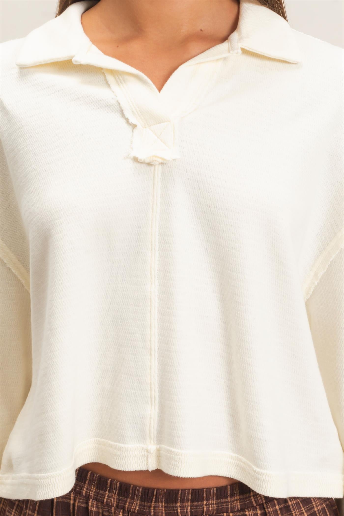 Wholesale Mineral Wash Textured Collar Top Polos DZ26E814 CREAM DOUBLE ZERO