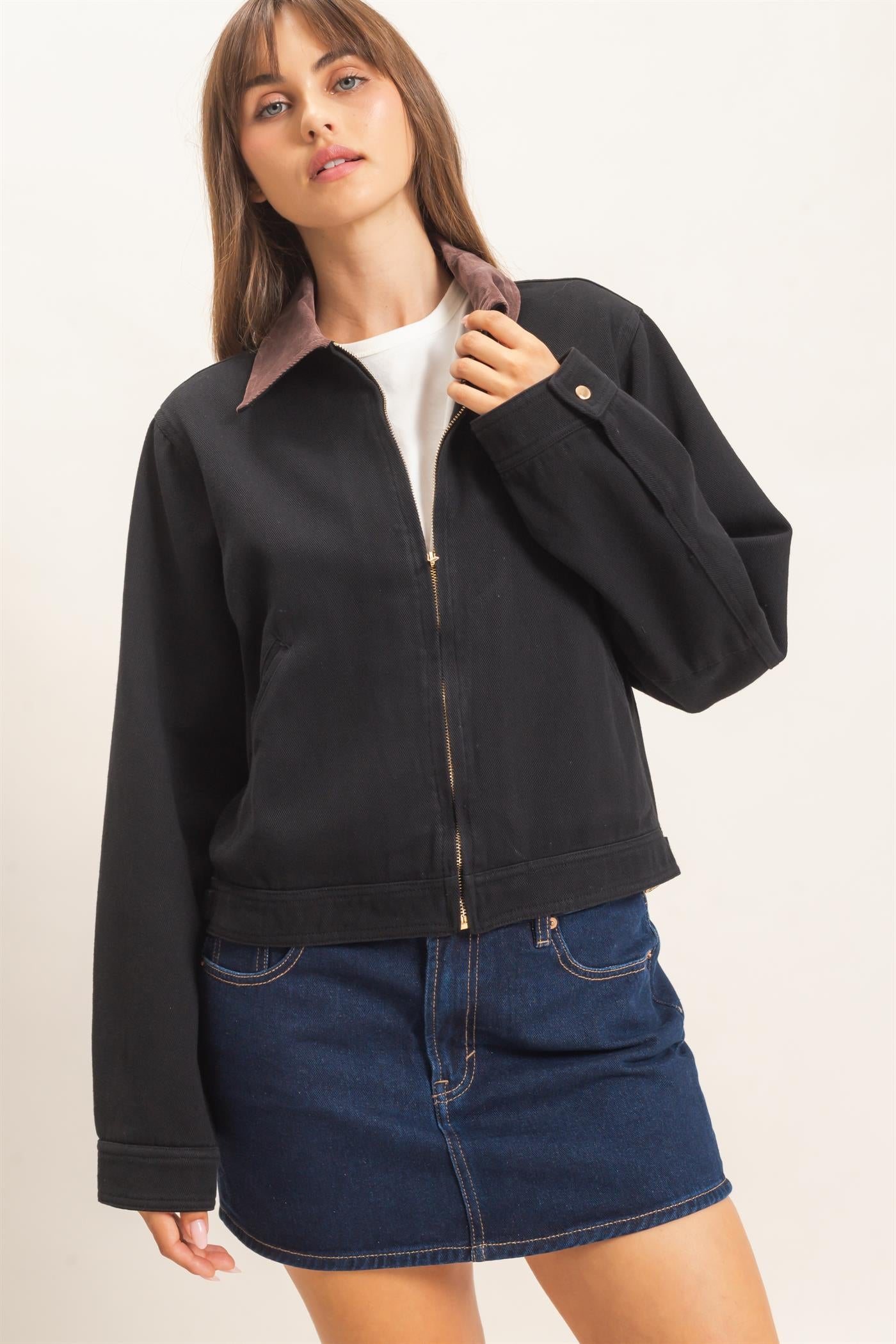Wholesale Twill Jacket With Corduroy Collar Outerwear HF26E011 BLACK HYFVE