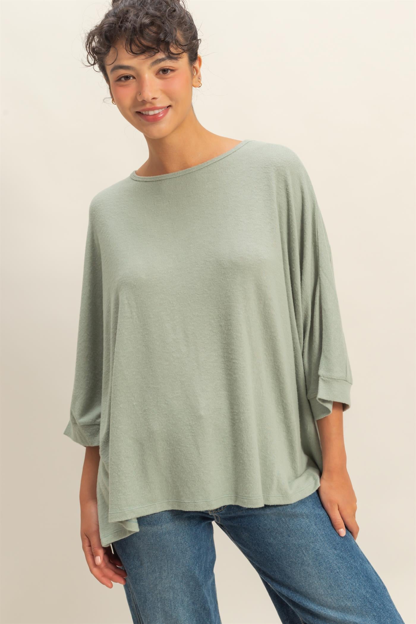 Wholesale Batwing 3/4 Sleeve Oversized Top Clothing Tops DZ25E133 SAGE GREEN DOUBLE ZERO