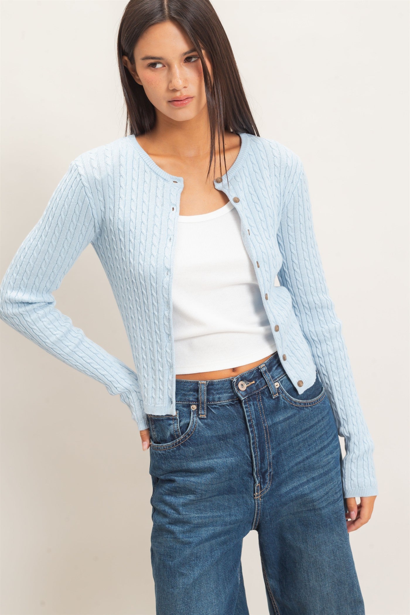 Wholesale Cable Knit Cardigan Cardigans DZ26E256 ICE BLUE DOUBLE ZERO