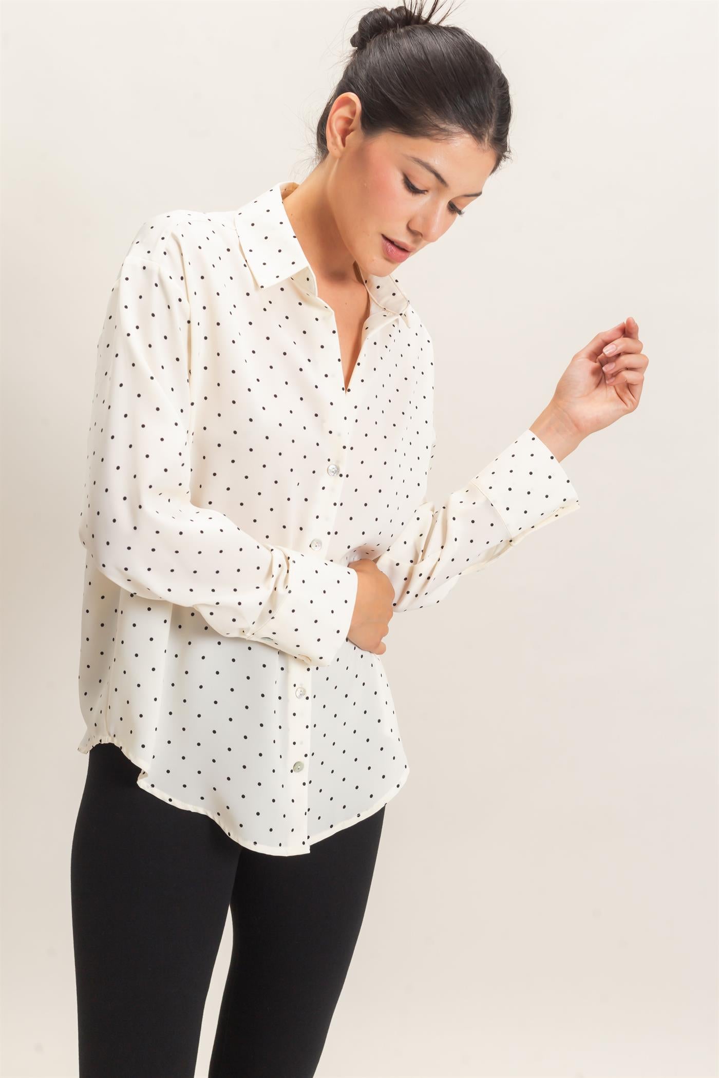 Wholesale Button-Up Polka Dot Shirt Shirts HF26F401 CREAM HYFVE
