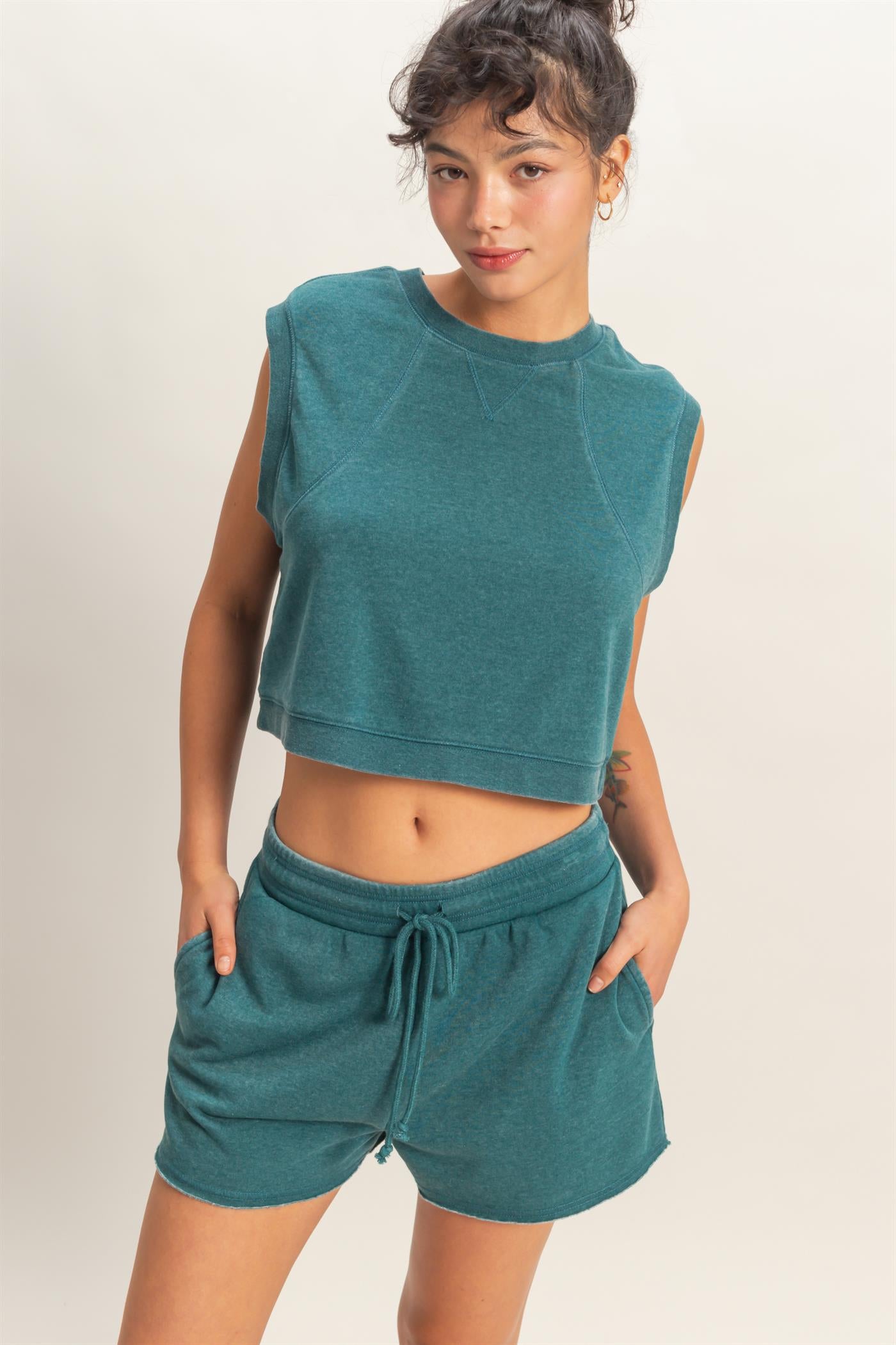 Wholesale Burnout French Terry Sleeveless Top & Shorts Set Clothing Tops DZ26A171-SET DARK TEAL DOUBLE ZERO