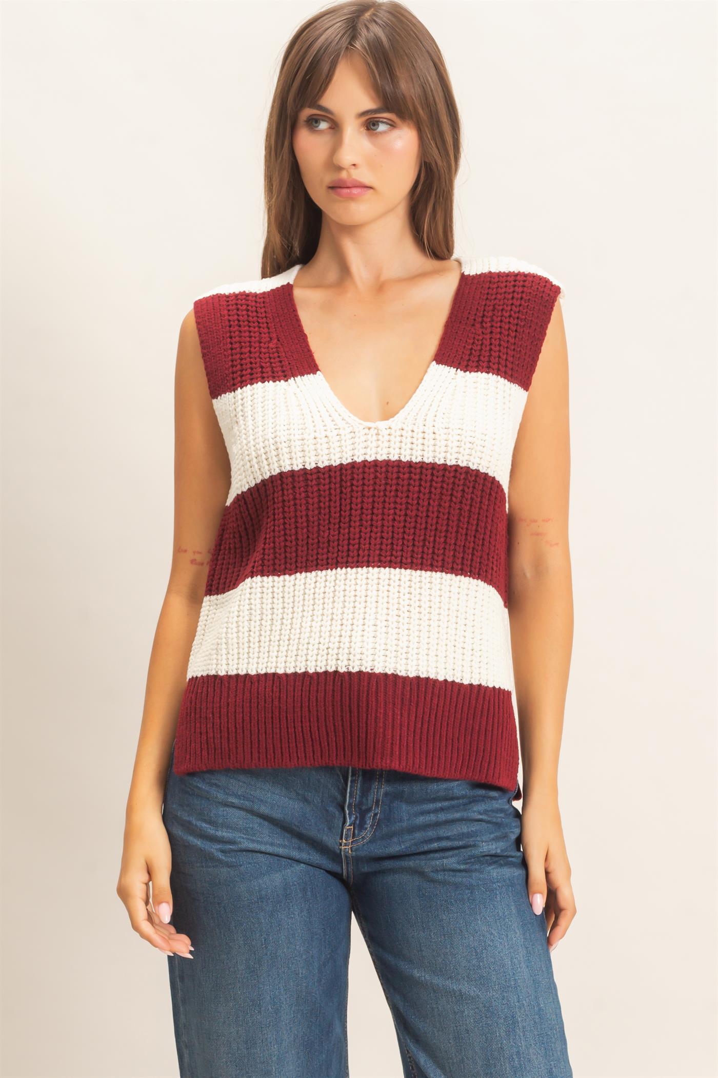Wholesale V-Neck Striped Sweater Vest Sweaters HF26E482-D BURGUNDY HYFVE