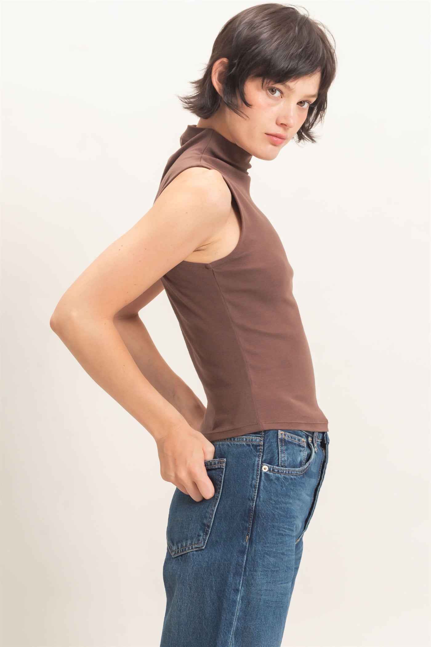 Wholesale Sleeveless Mock Neck Top Clothing Tops DZ26E397 DARK BROWN DOUBLE ZERO