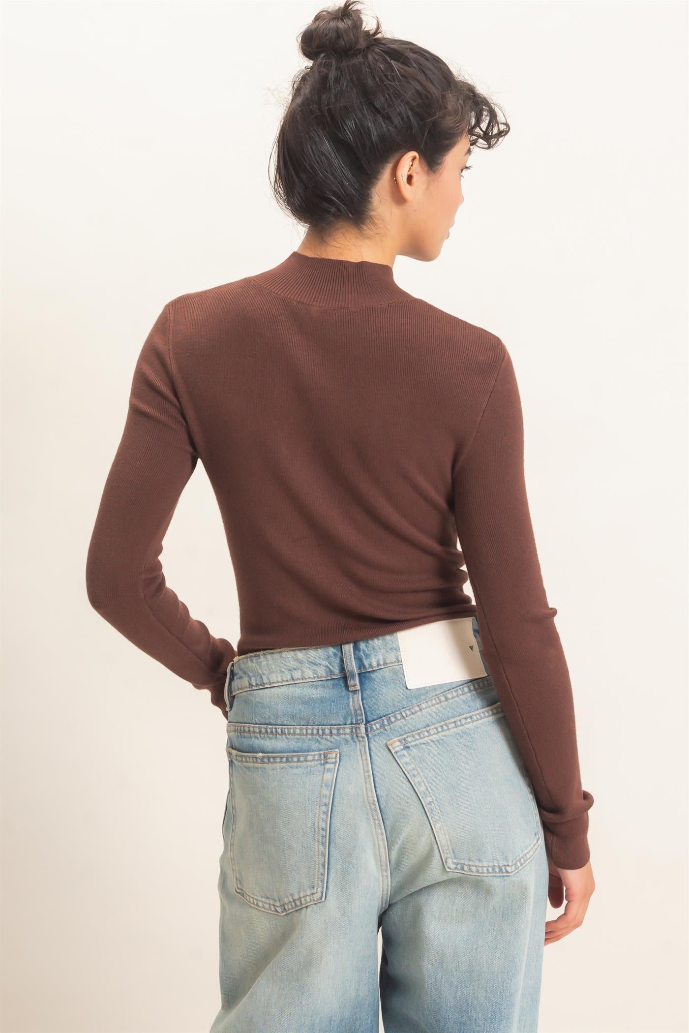 Wholesale Ribbed Mock Neck Long Sleeve Knit Top Clothing Tops DZ26F201 DARK BROWN DOUBLE ZERO