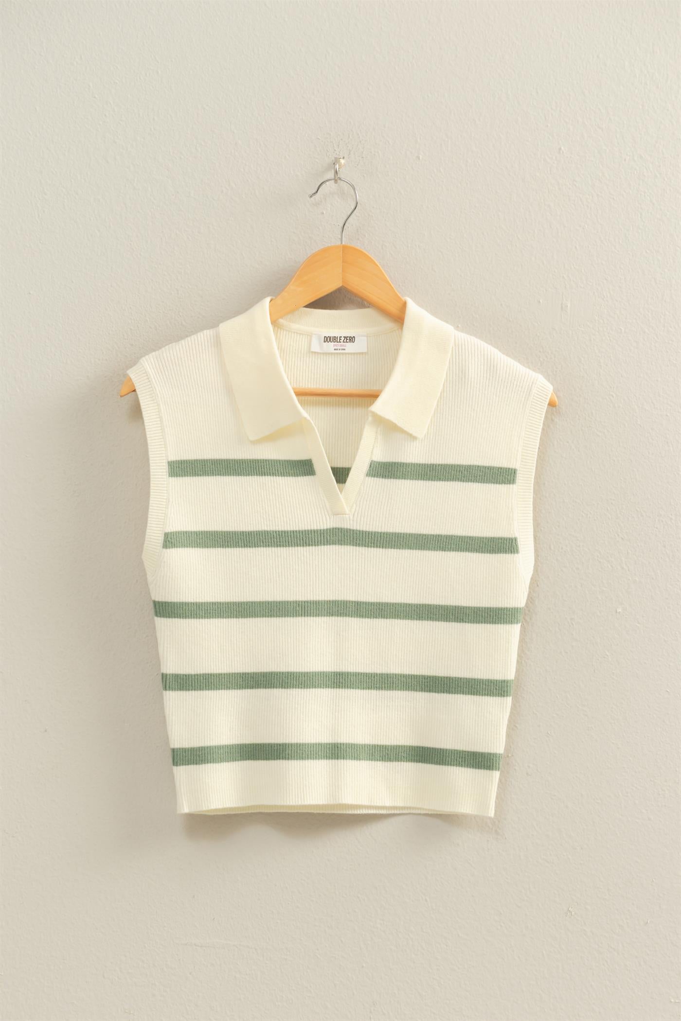 Wholesale Collared Striped Polo Vest Clothing Tops DZ26A337 SAGE GREEN DOUBLE ZERO
