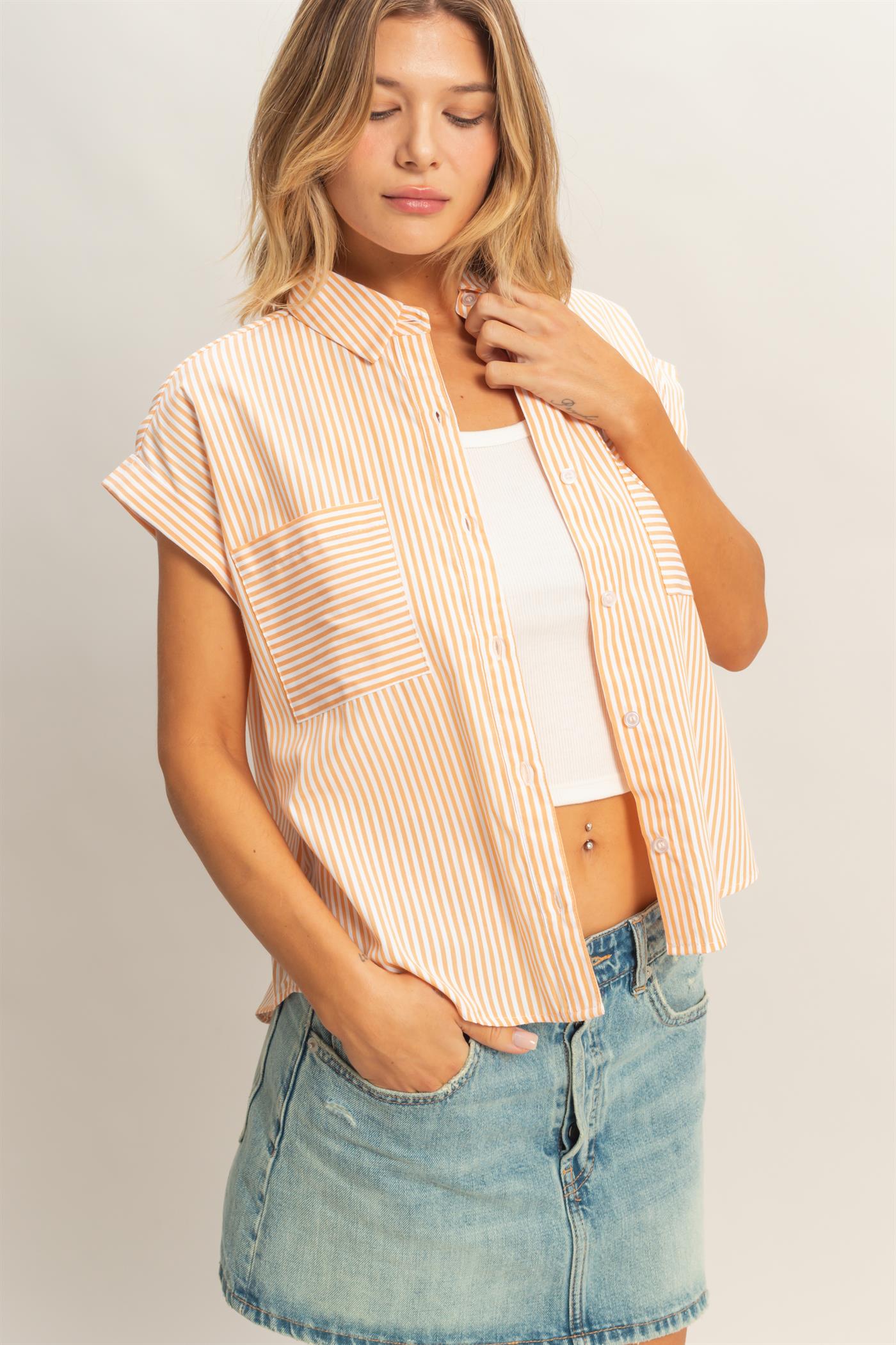 Wholesale Button-Up Striped Shirt Shirts HF26E429-D ORANGE HYFVE