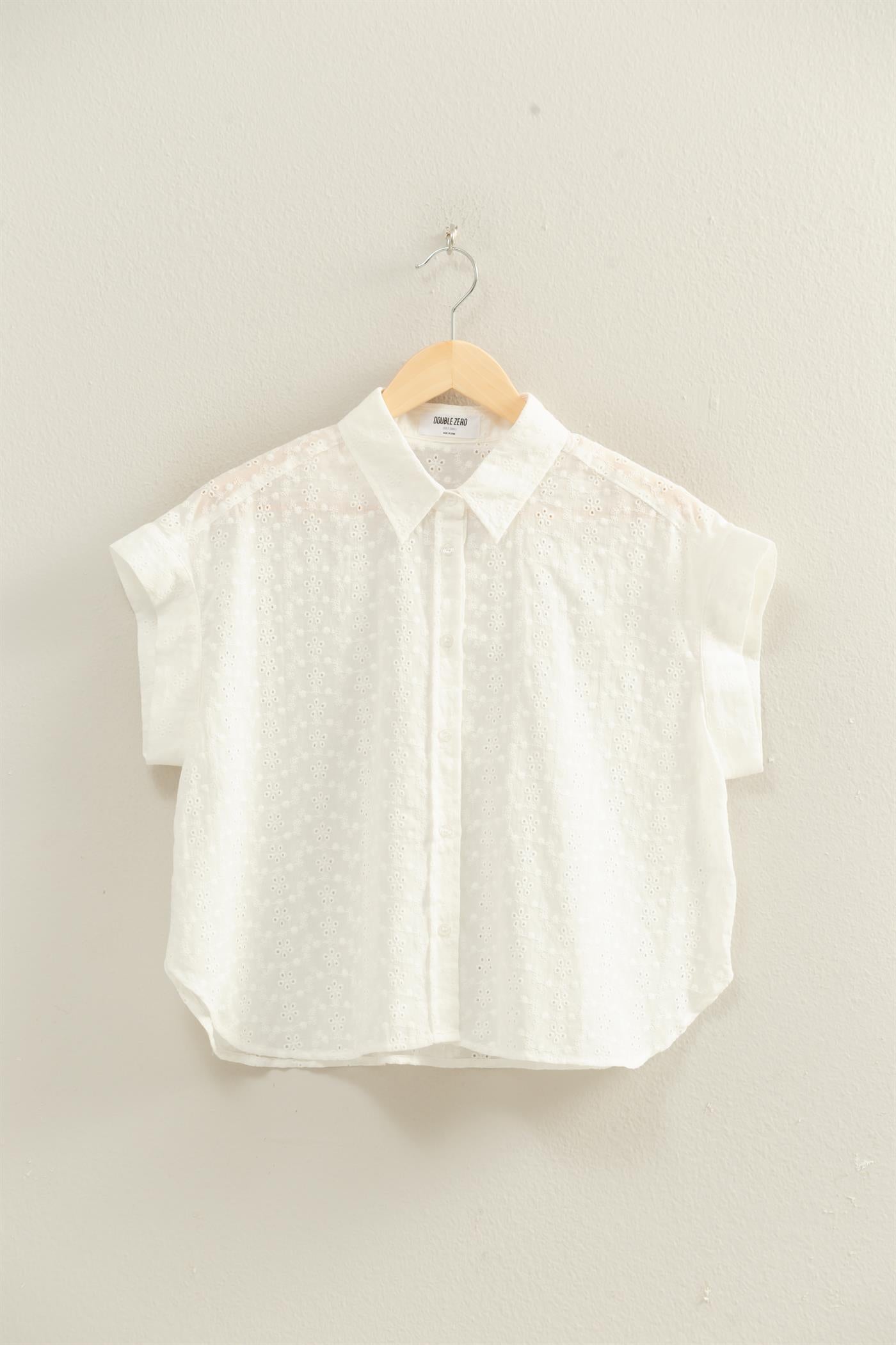 Wholesale Eyelet Dolman Short Sleeve Button Up Shirt Clothing Tops DZ26C088 WHITE DOUBLE ZERO
