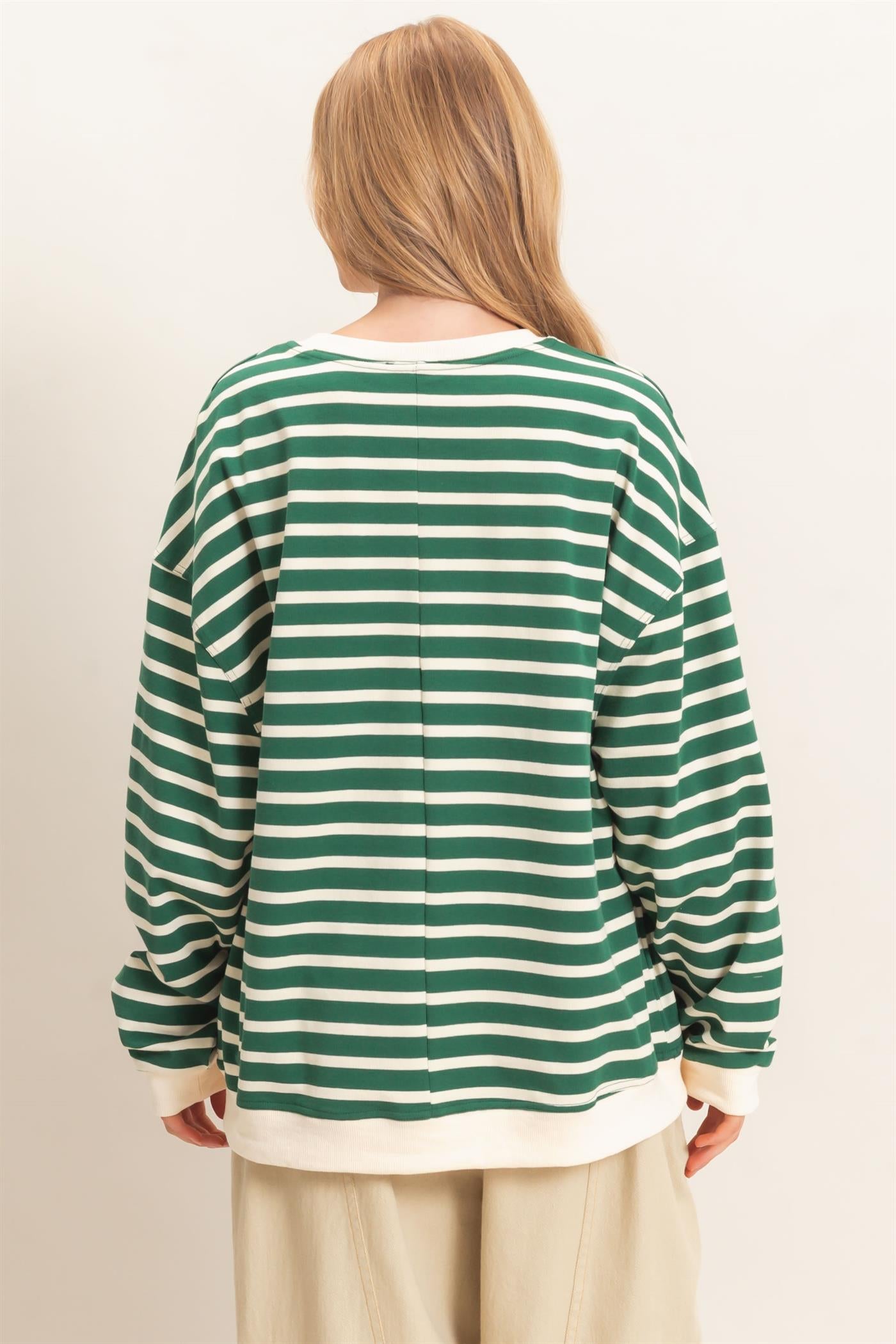 Wholesale Striped Long Sleeve Pullover Sweatshirts HF26F077 GREEN/CREAM HYFVE