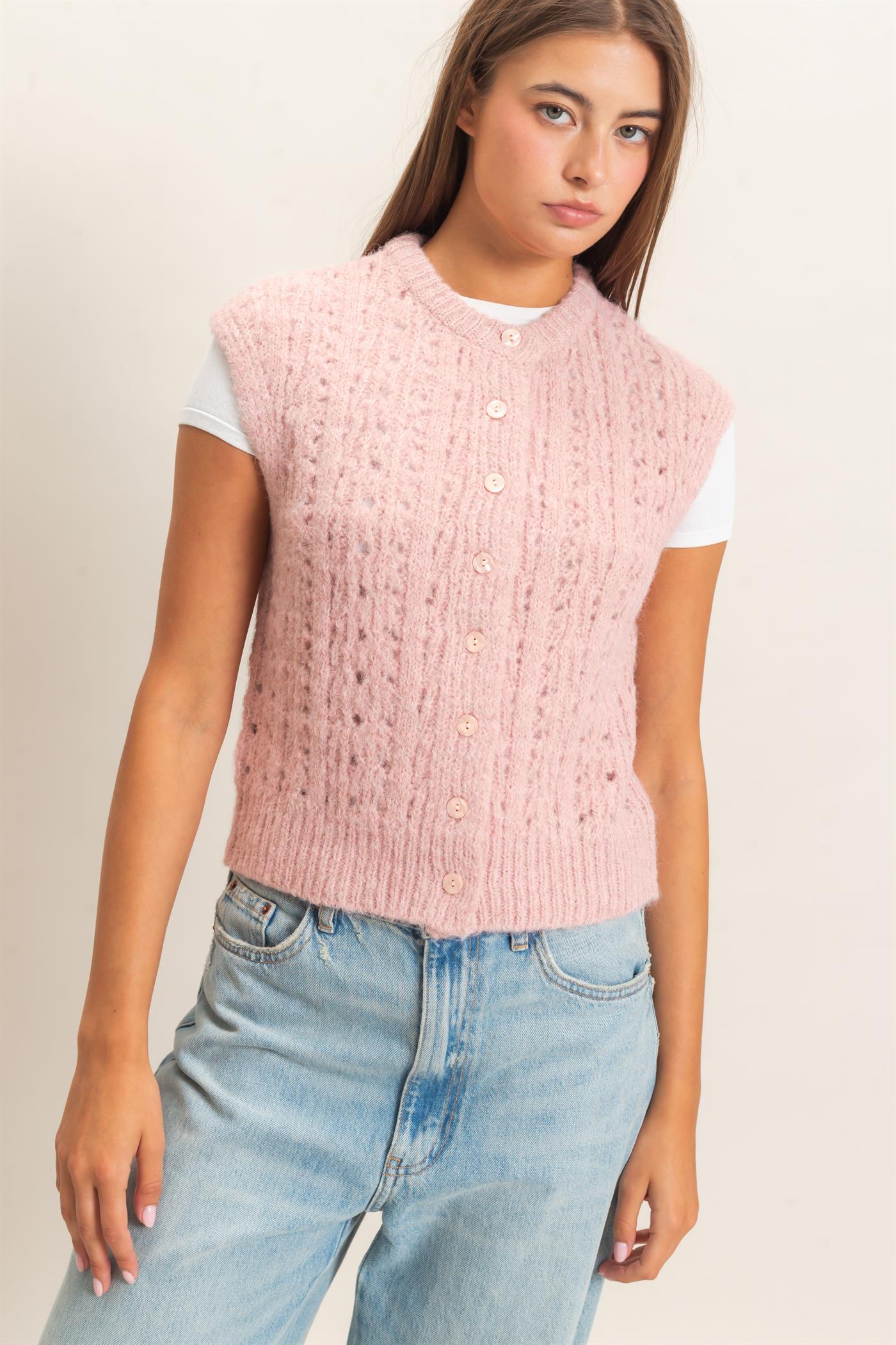 Wholesale Open Knit Sleeveless Button Front Sweater Vest Sweaters DZ26A829 PINK DOUBLE ZERO