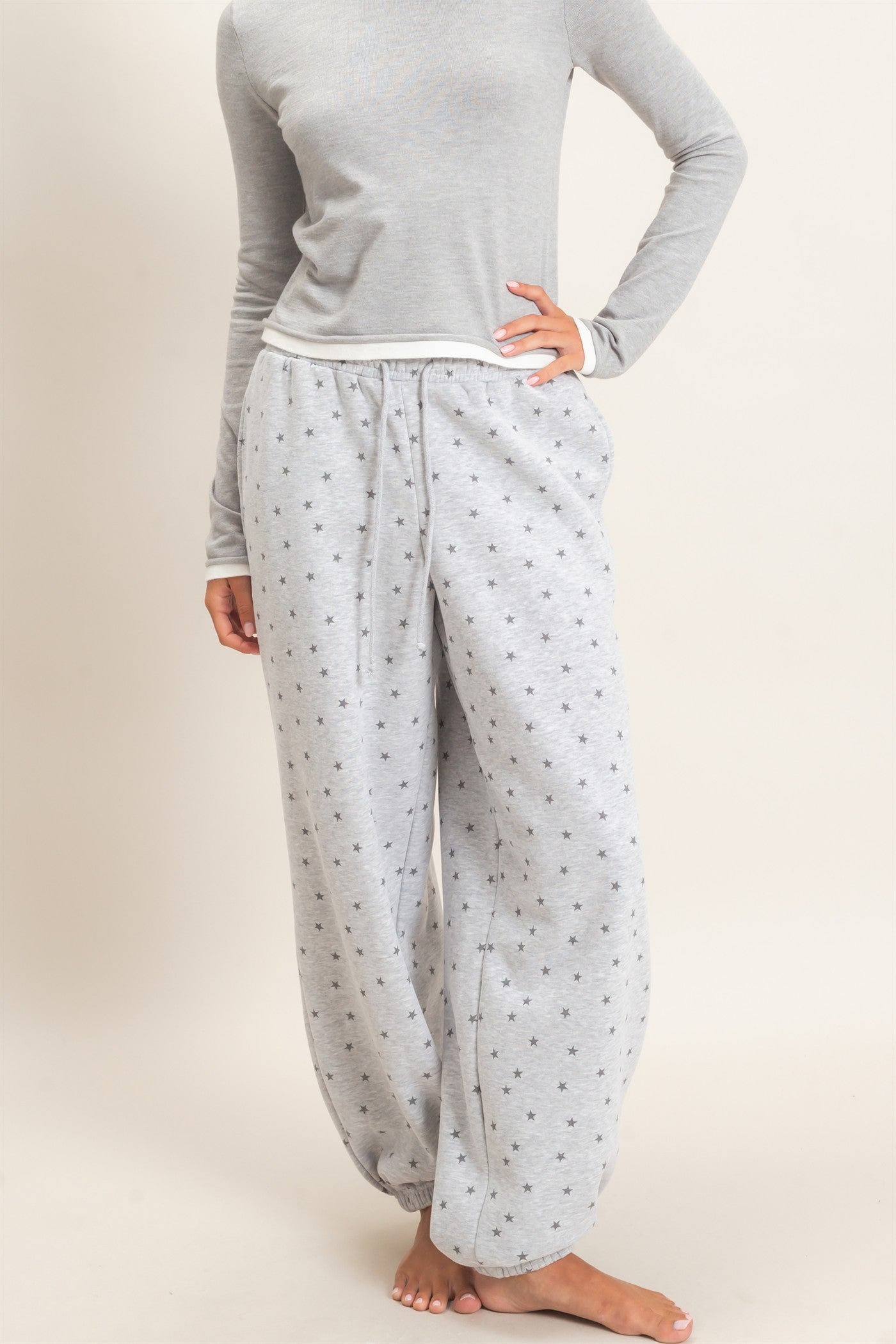 Wholesale Star Print Elastic Waist Jogger Pants Joggers DZ26E287 HEATHER GRAY DOUBLE ZERO