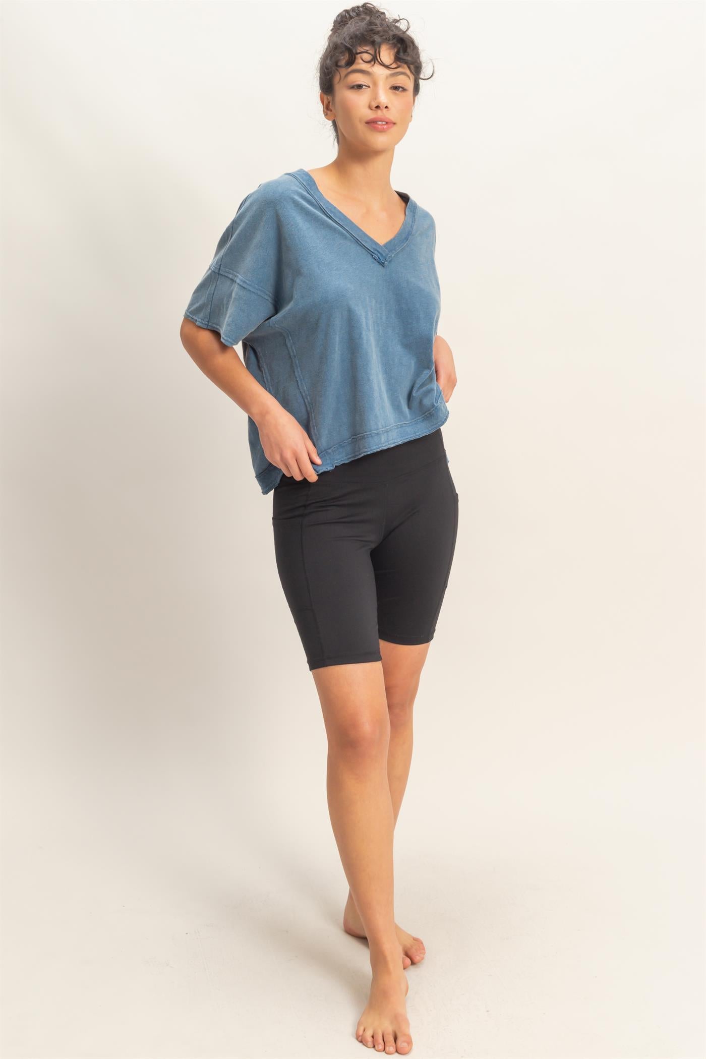 Wholesale Oversized V-Neck Short Sleeve Top Clothing Tops DZ26A032 NAVY DOUBLE ZERO