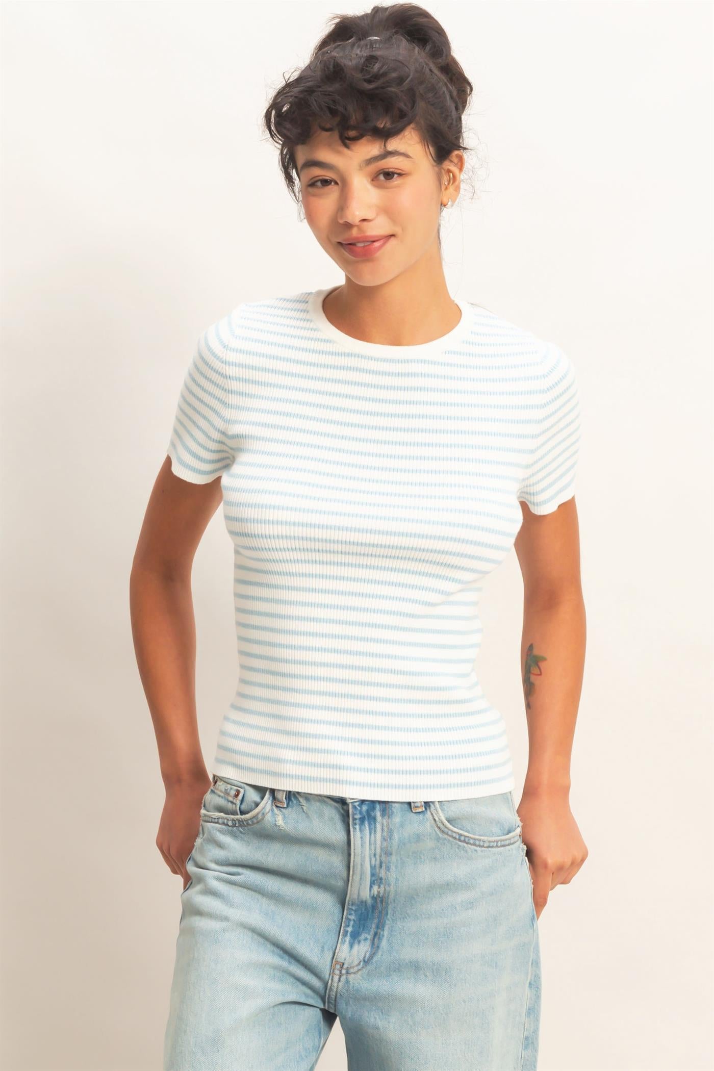 Wholesale Striped Ribbed Short Sleeve Crew Neck Knit Top Clothing Tops DZ26A450 ICE BLUE DOUBLE ZERO