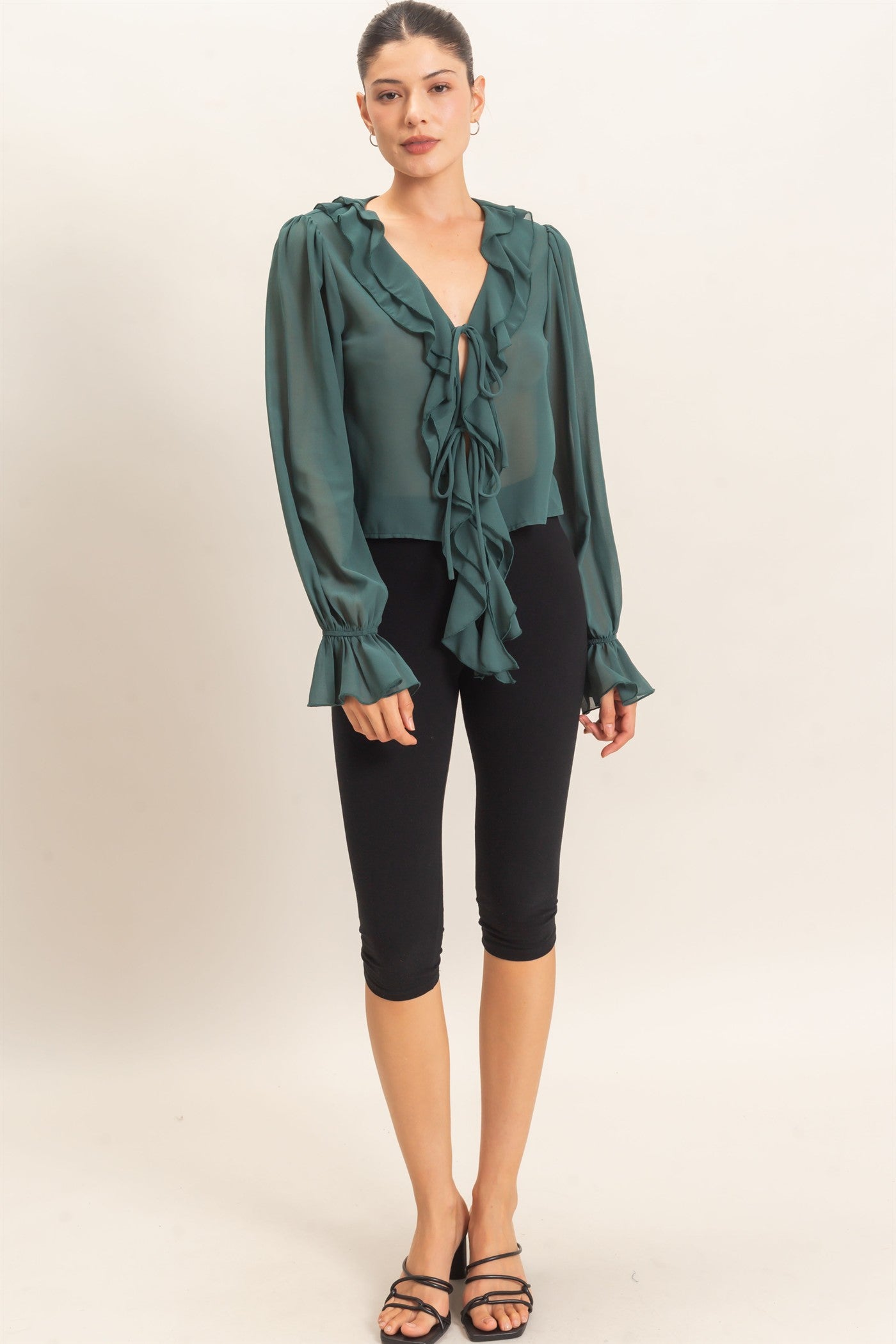 Wholesale Ruffled V-Neck Blouse Blouses HF26F066 TEAL GREEN HYFVE