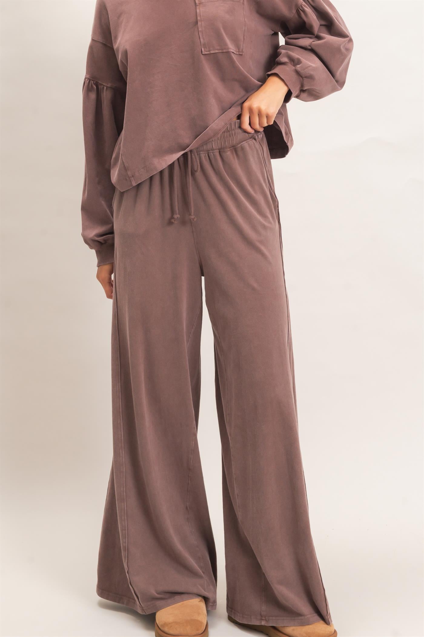 Wholesale Wide Leg Mineral Wash Pants Pants DZ26F406 DARK BROWN DOUBLE ZERO