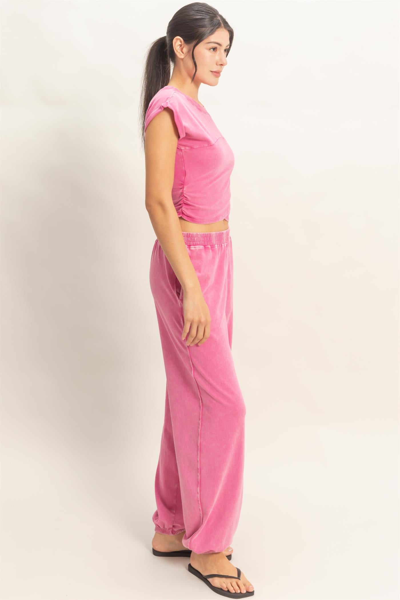 Wholesale Rolled Sleeve Wrap-Front Crop Top And Jogger Set Clothing DZ26A172-SET FUCHSIA DOUBLE ZERO