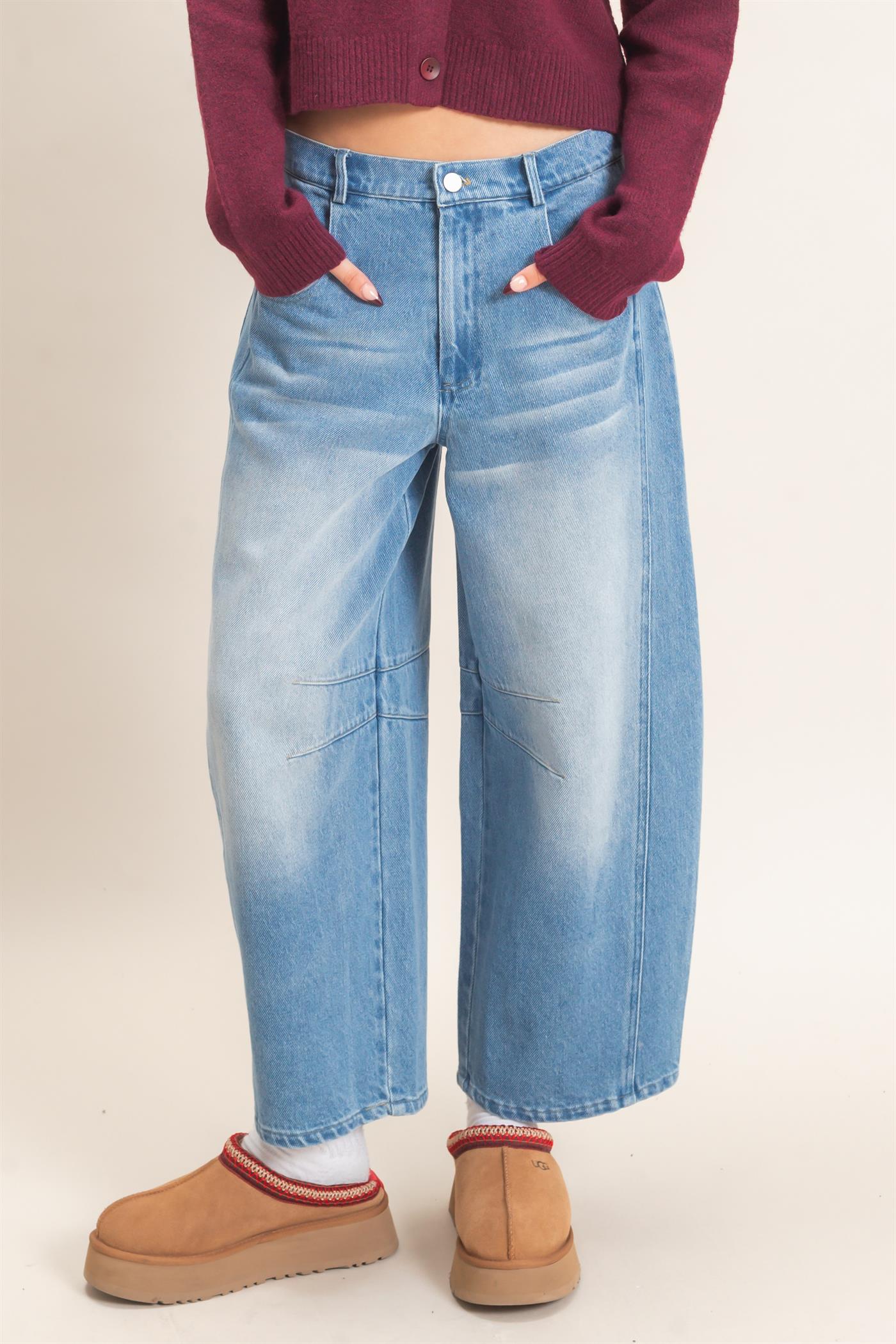 Wholesale Enzyme Wash Barrel Jeans Pants HF26E060 LIGHT BLUE HYFVE