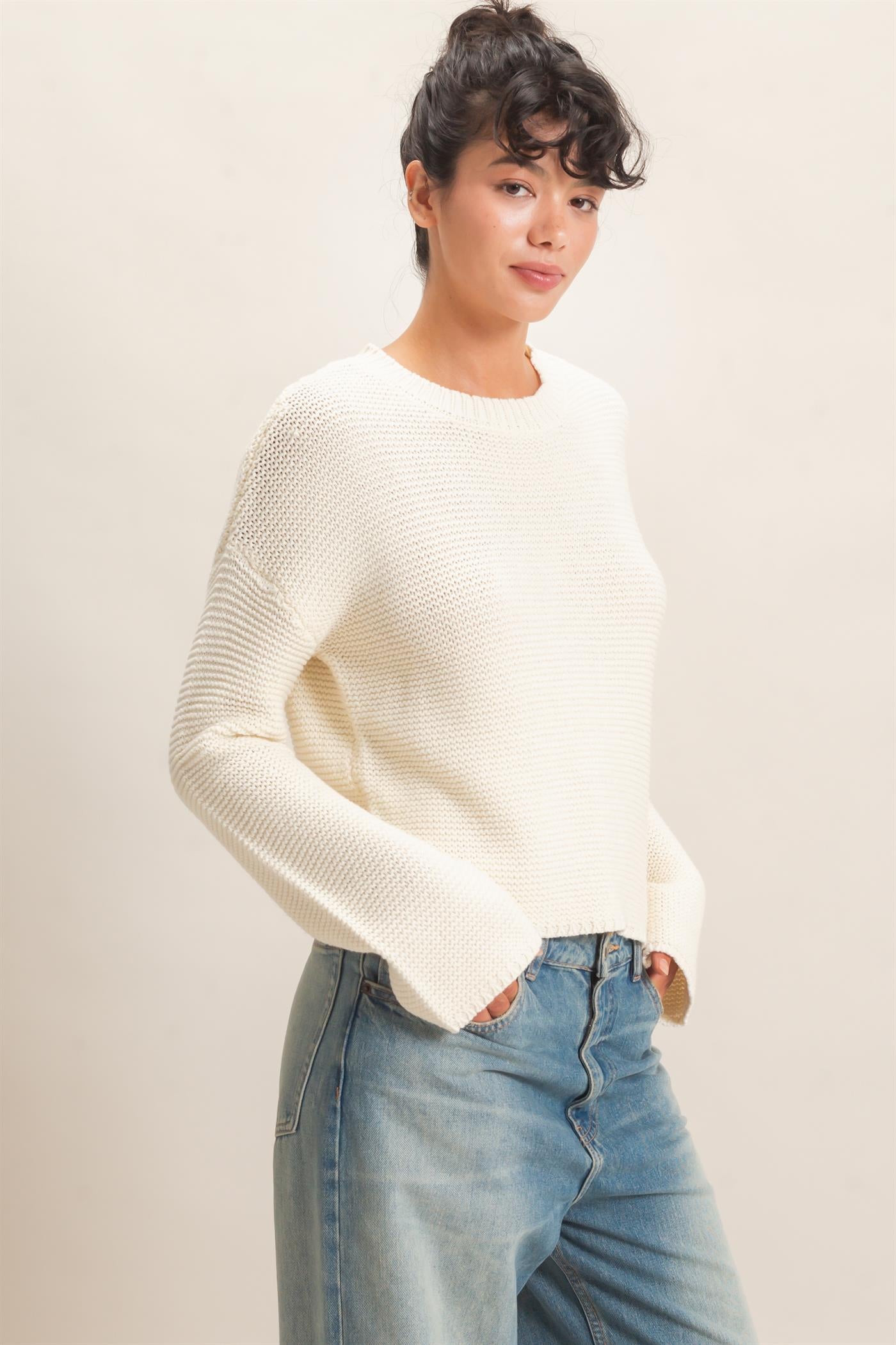 Wholesale Textured Knit Crew Neck Sweater Sweaters DZ26F395 CREAM DOUBLE ZERO