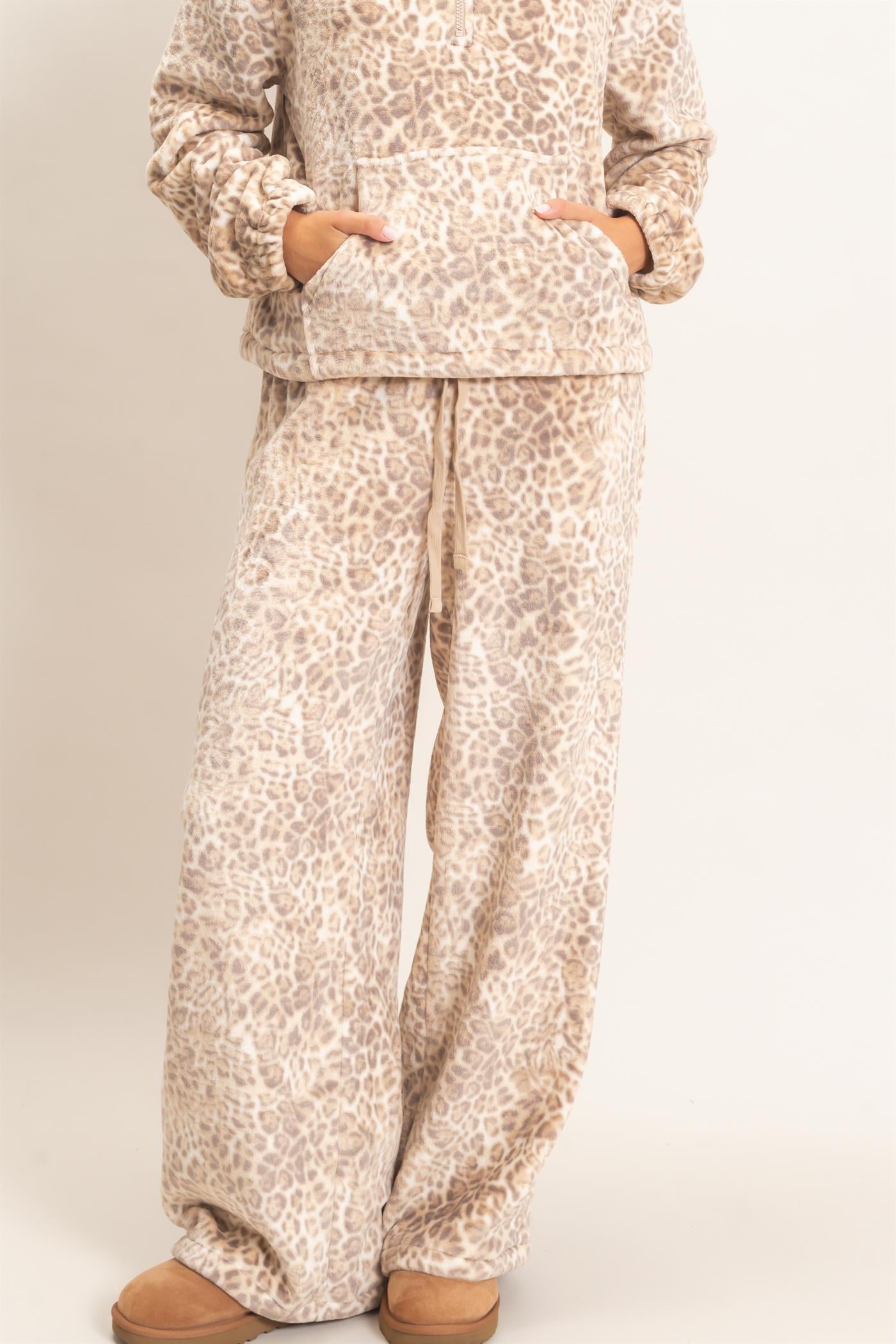 Wholesale Leopard Print Fleece Wide-Leg Pants Pants DZ26E829 BEIGE DOUBLE ZERO