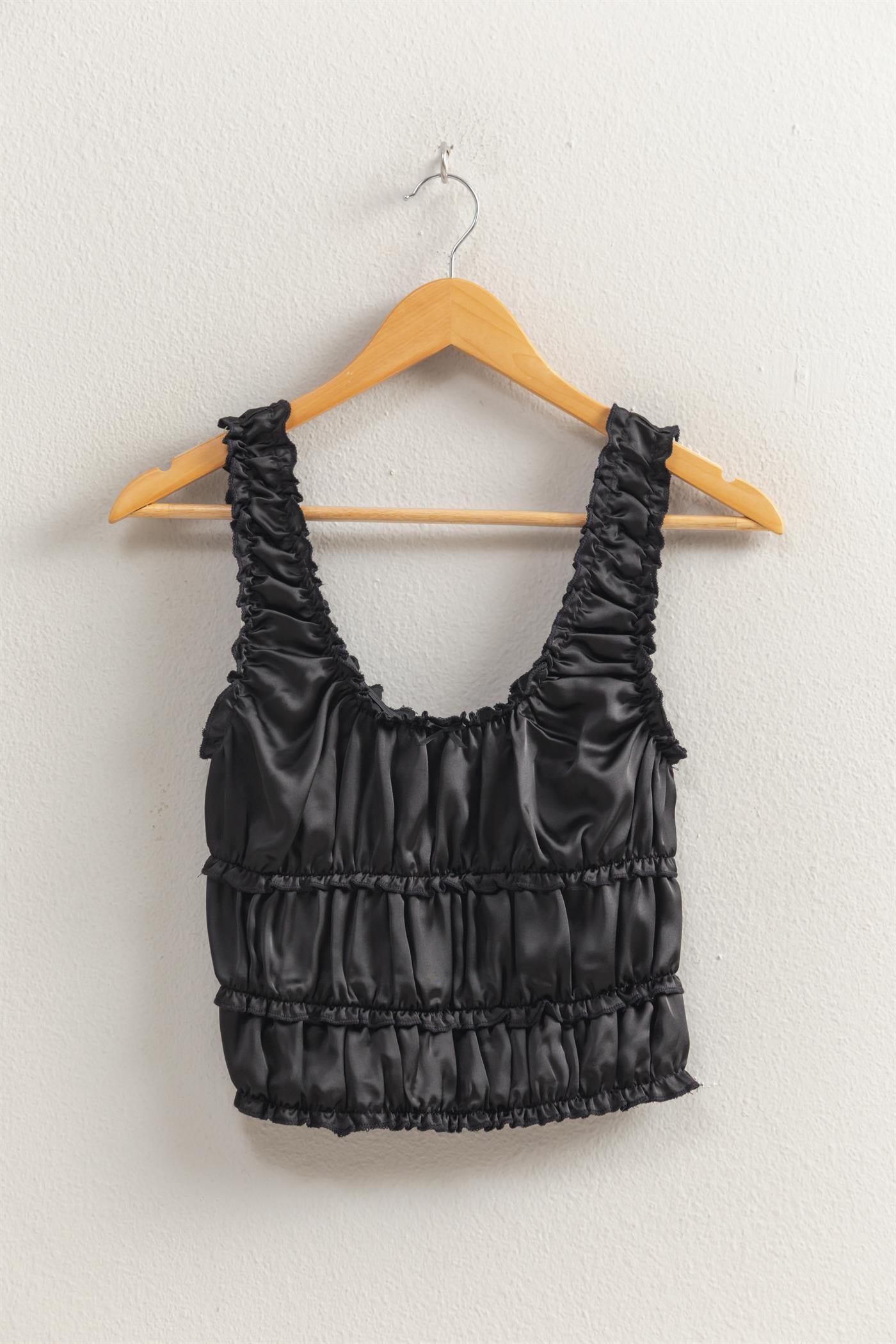 Wholesale Ruched Satin Sleeveless Crop Top Clothing Tops DZ25C172 BLACK DOUBLE ZERO