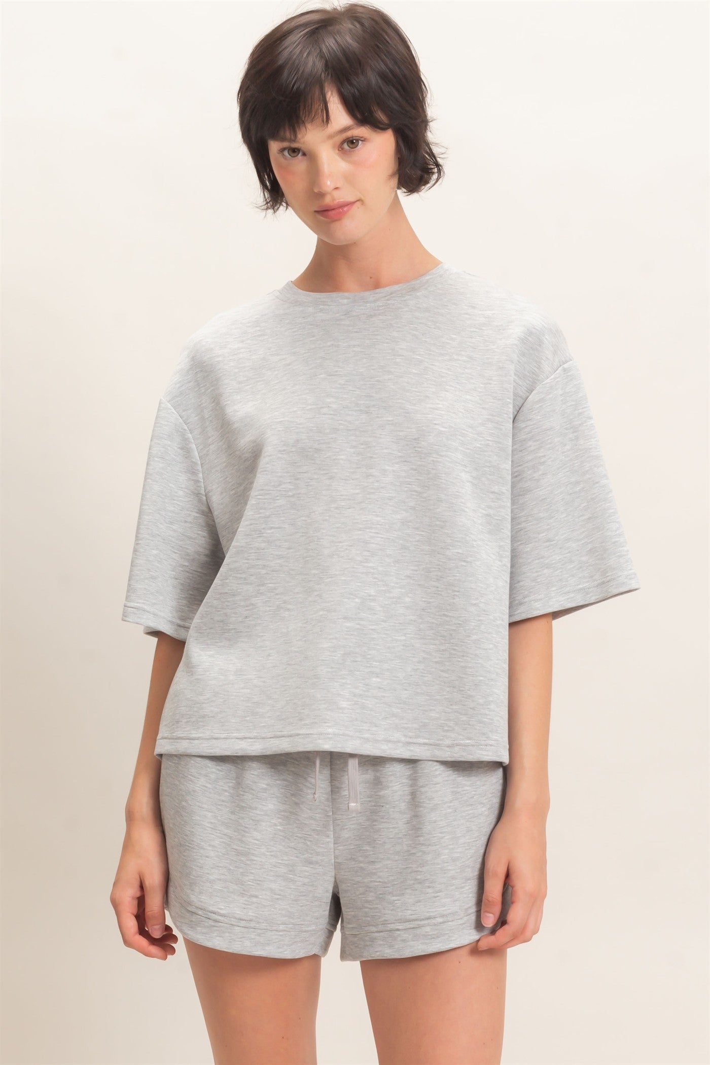 Wholesale Loose Fit Crew Neck Short Sleeve Top Clothing Tops DZ26C965 HEATHER GRAY DOUBLE ZERO