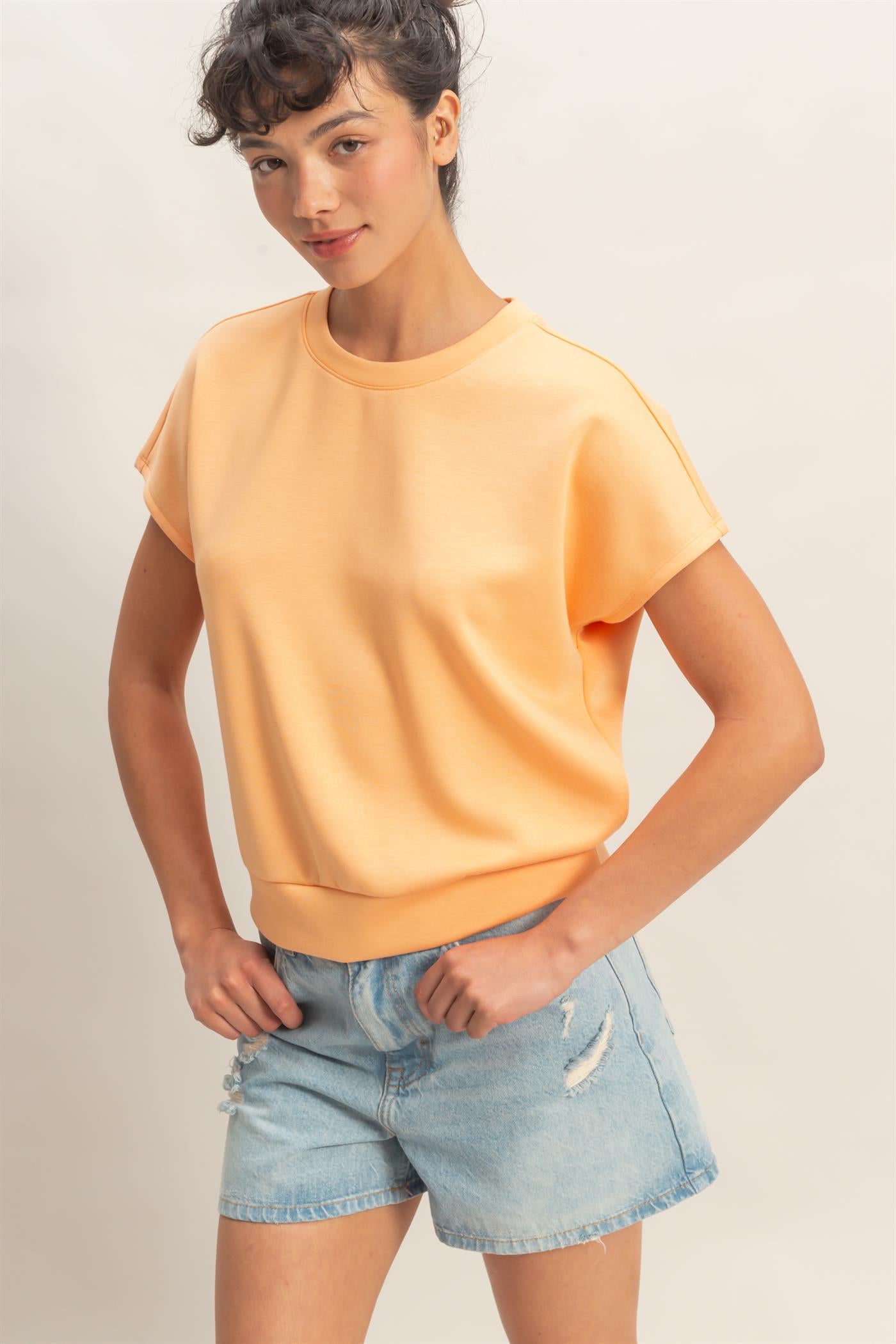 Wholesale Crew Neck Short Dolman Sleeve Top Clothing Tops DZ26C205 APRICOT DOUBLE ZERO