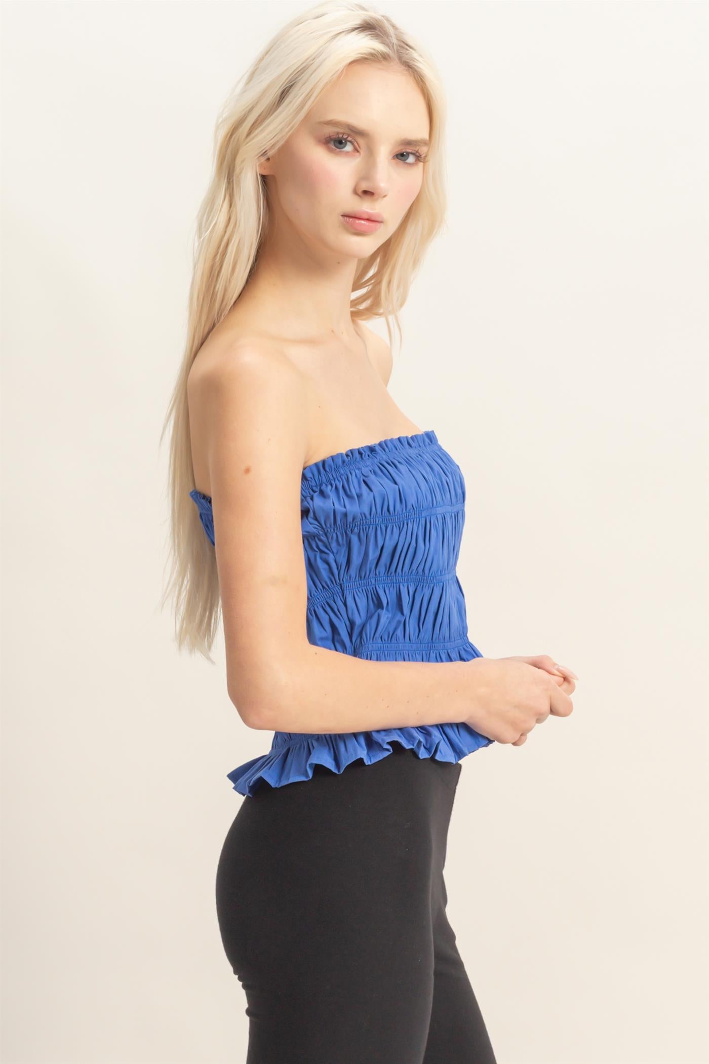 Wholesale Smocked Ruffle Tube Top Clothing Tops DZ26C282 COBALT DOUBLE ZERO