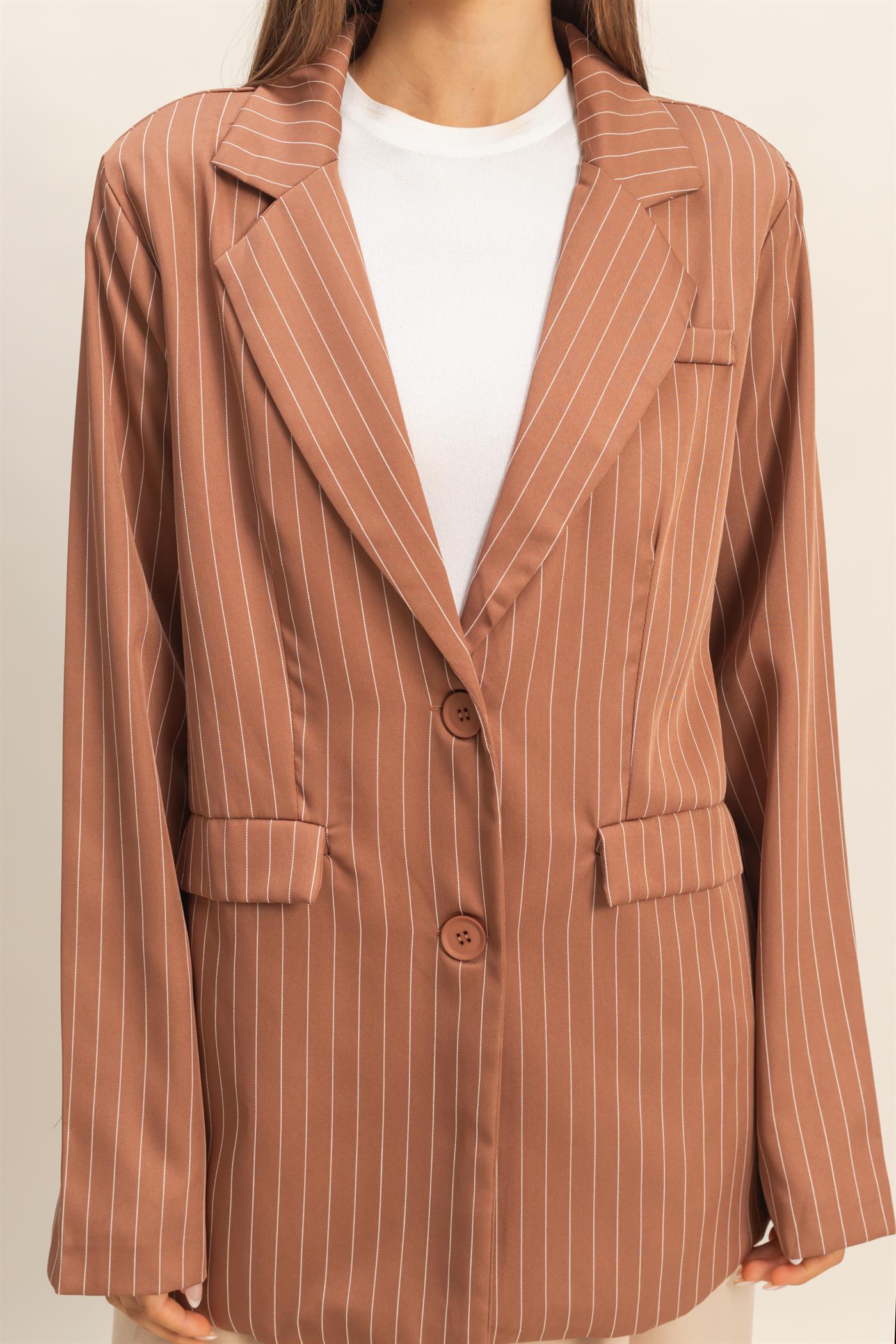 Wholesale Pin Stripe Oversized Blazer Coats & Jackets HF24A247 BROWN HYFVE