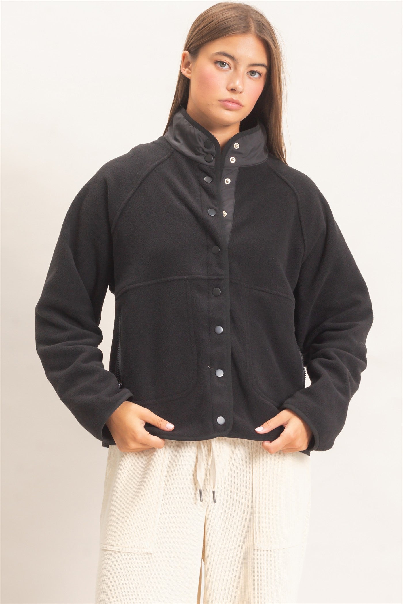 Wholesale Fleece Jacket With Button Front Coats & Jackets DZ26F086 BLACK DOUBLE ZERO