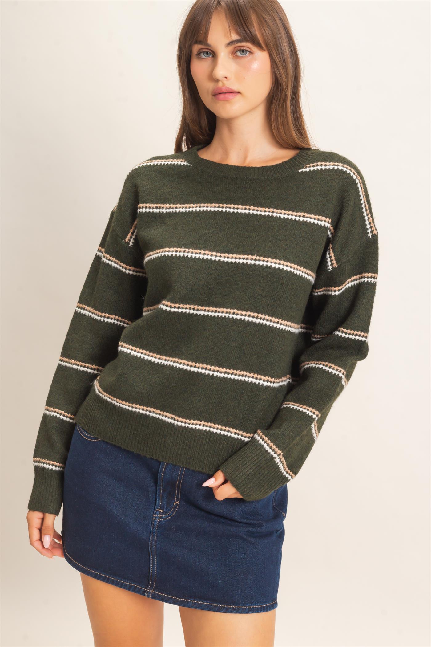 Wholesale Striped Crew Neck Sweater Sweaters HF26E696-D DARK OLIVE HYFVE