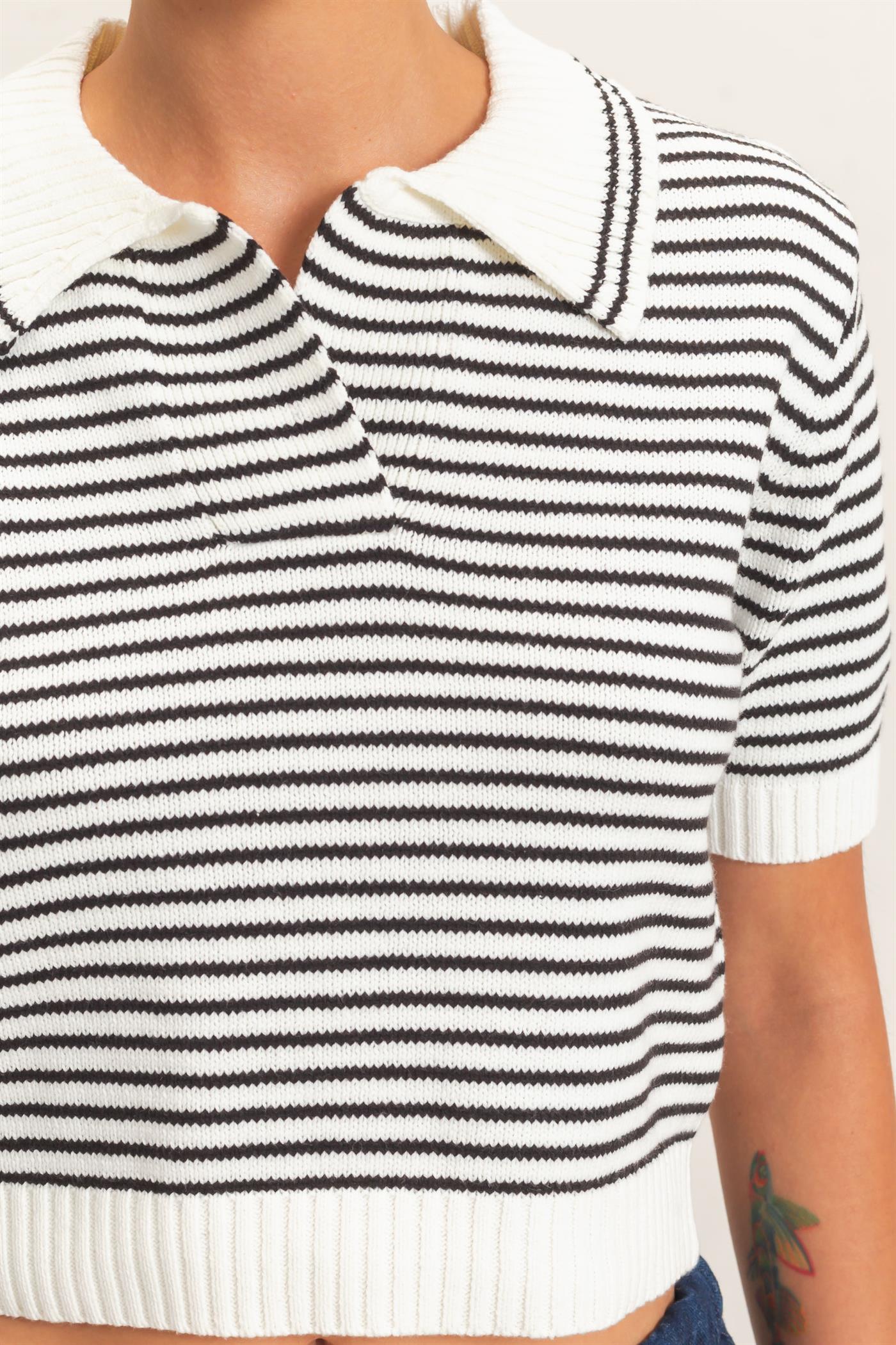 Wholesale Striped Short Sleeve Collar Knit Top Clothing Tops DZ26E261 CREAM DOUBLE ZERO
