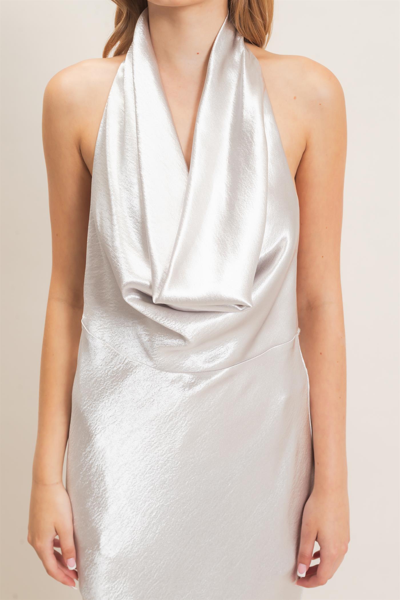 Wholesale Satin Cowl Neck Maxi Dress Dresses HF26F216-D SILVER HYFVE