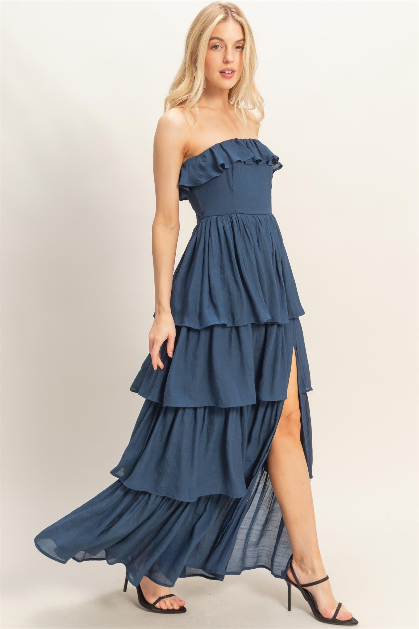 Wholesale Tiered Strapless Ruffle Dress Dresses HF26A616-D NAVY HYFVE
