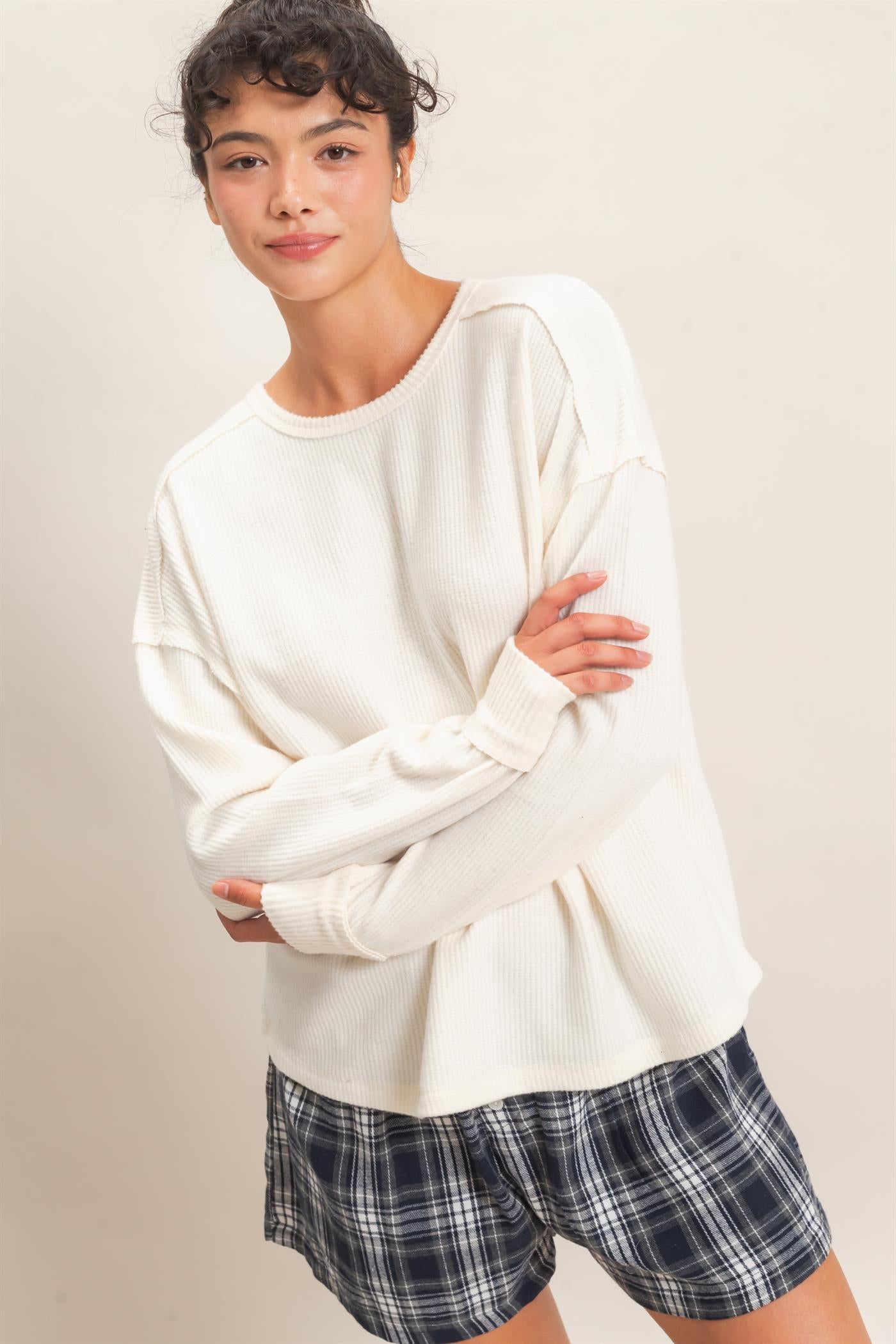 Wholesale Raw Edge Waffle Sweatshirt Sweatshirts DZ26F081 CREAM HYFVE